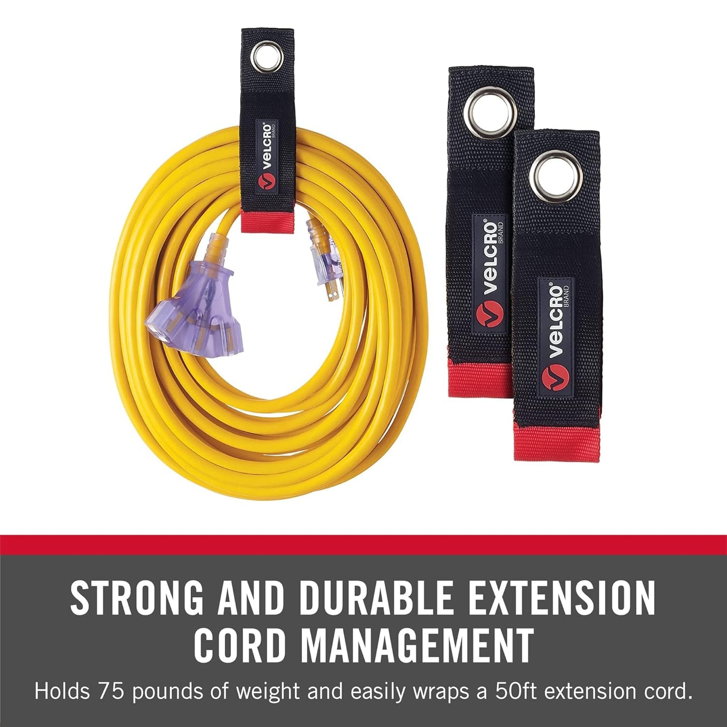 Velcro Brand Heavy Duty Extension Cord Holder Organizer | Holds 75 Pounds, Storage Straps Hang Easily on Hooks or Nails | Perfect for Garage Organization | 2pk, Size Med 14in, Black