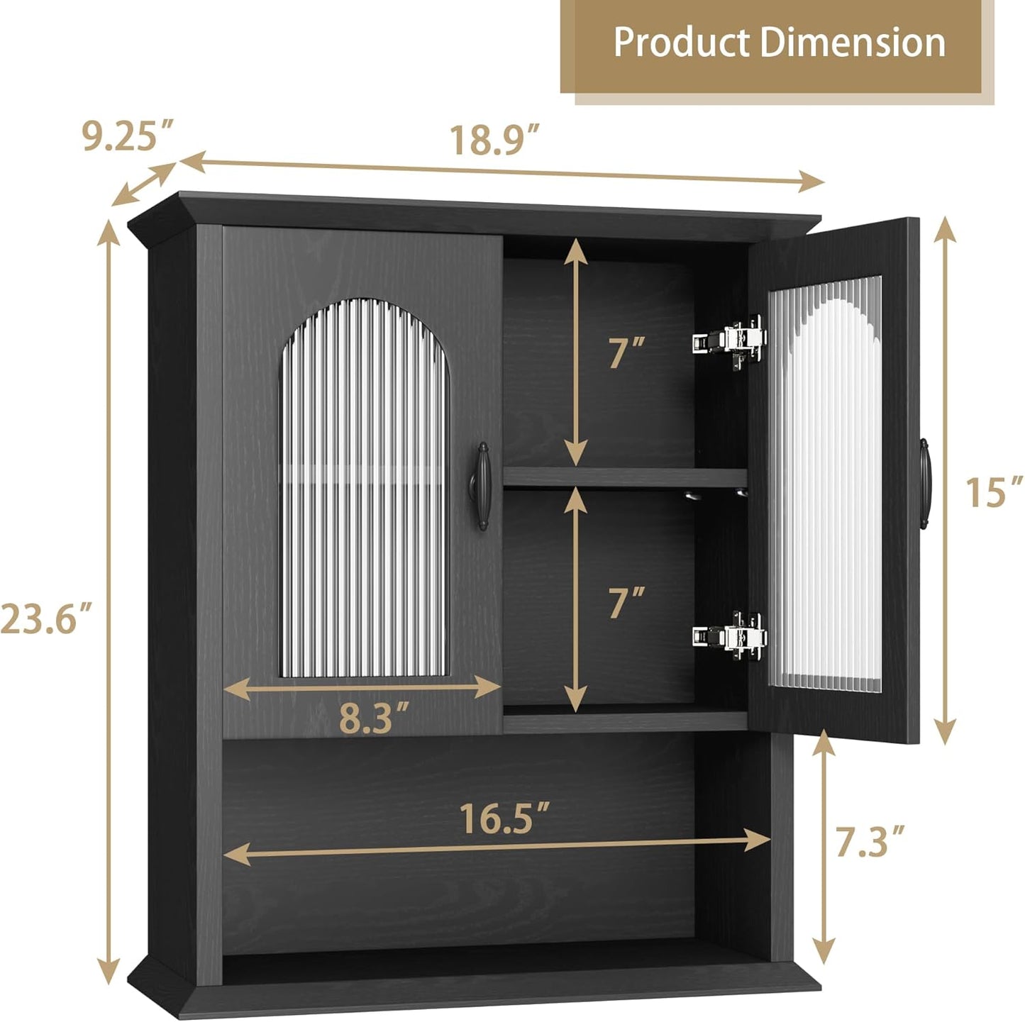 CJL Bathroom Wall Cabinet with Fluted Door, 18.9'' x 23.6'' Medicine Cabinet, Over The Toilet Storage Cabinet, Black