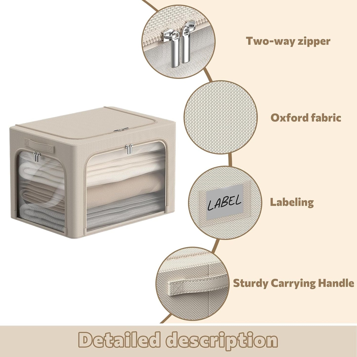 CYhom 3Pack Clothes Storage Bins - Oxford Frame Storage Box Foldable Stackable Storage Organizer with 3 Openings Design, Metal Frame, Clear Window, Carry Handles (36L-15.7 * 11.8 * 11.8in, Beige)