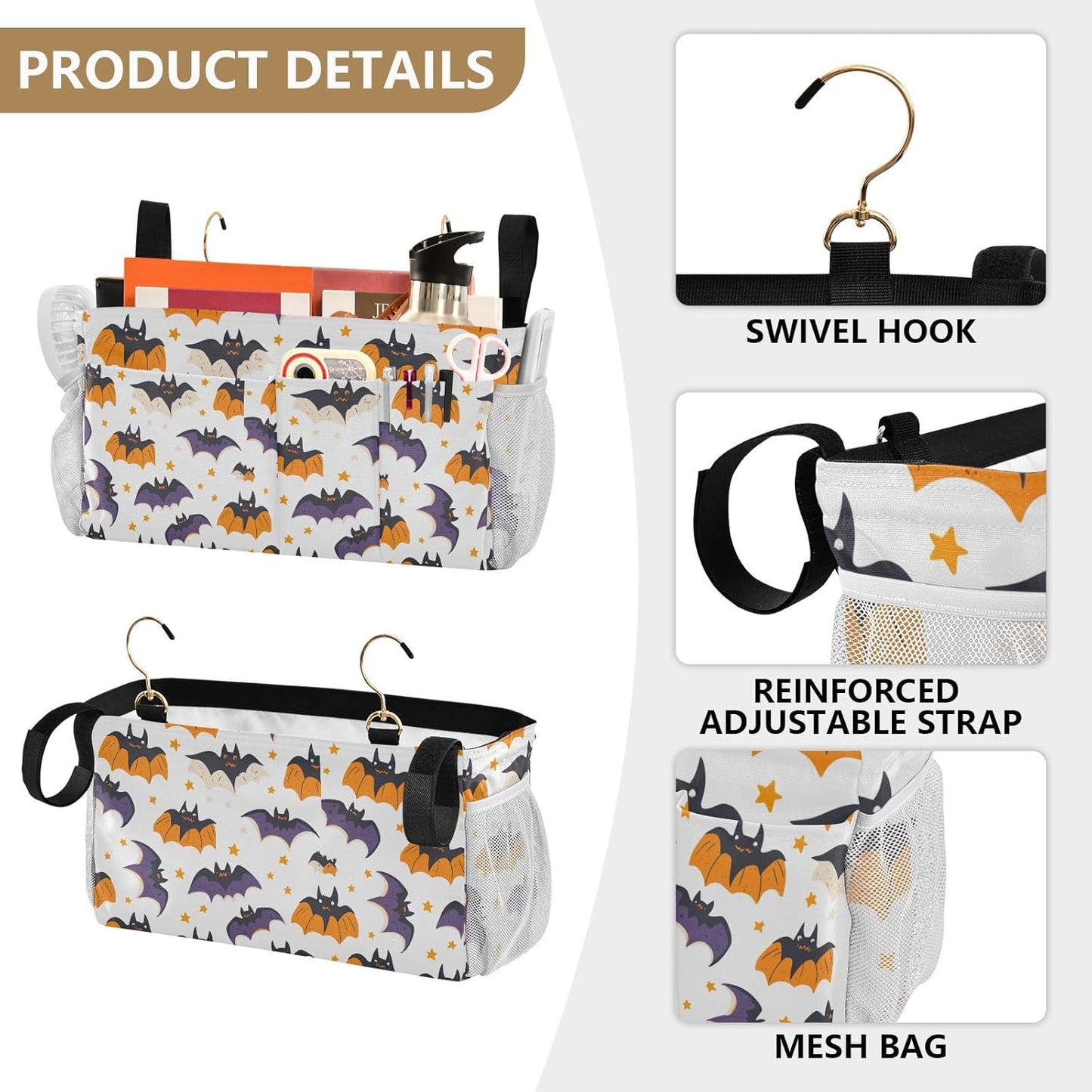 White Halloween Bats and Stars Bedside Caddy for Dorm Bed Bedside Hanging Caddy Bag Iron Frame Storage Organizer Pocket for Bunk Home College Hospital Beds 2 Hooks