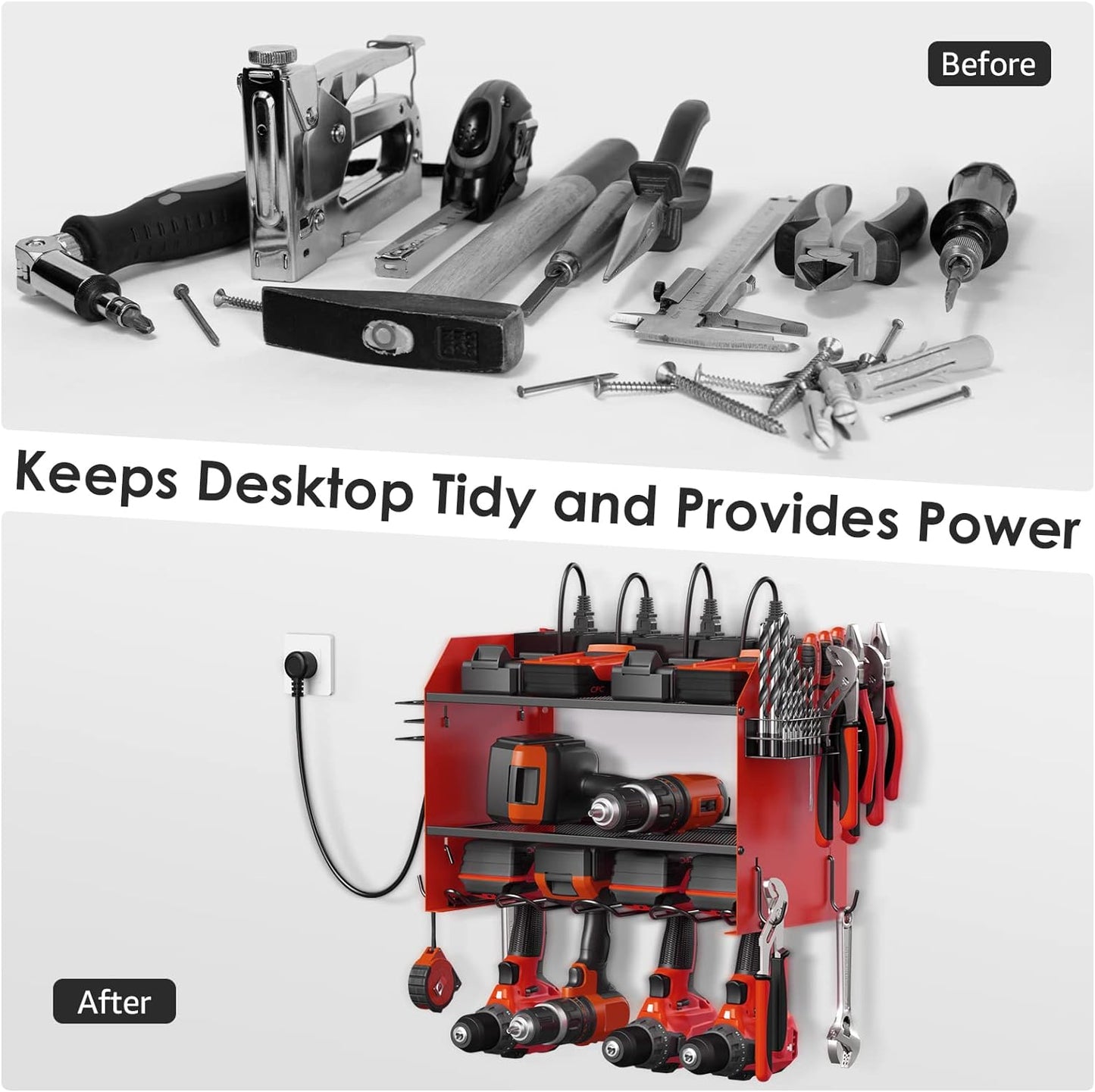 CCCEI Modular Power Tool Organizer Wall Mount with Charging Station. Garage Drill Storage Shelf with Hooks, Heavy Duty Rack, Tool Battery Holder Built in 8 Outlet. Gift for Men. Red, 2 Pack.