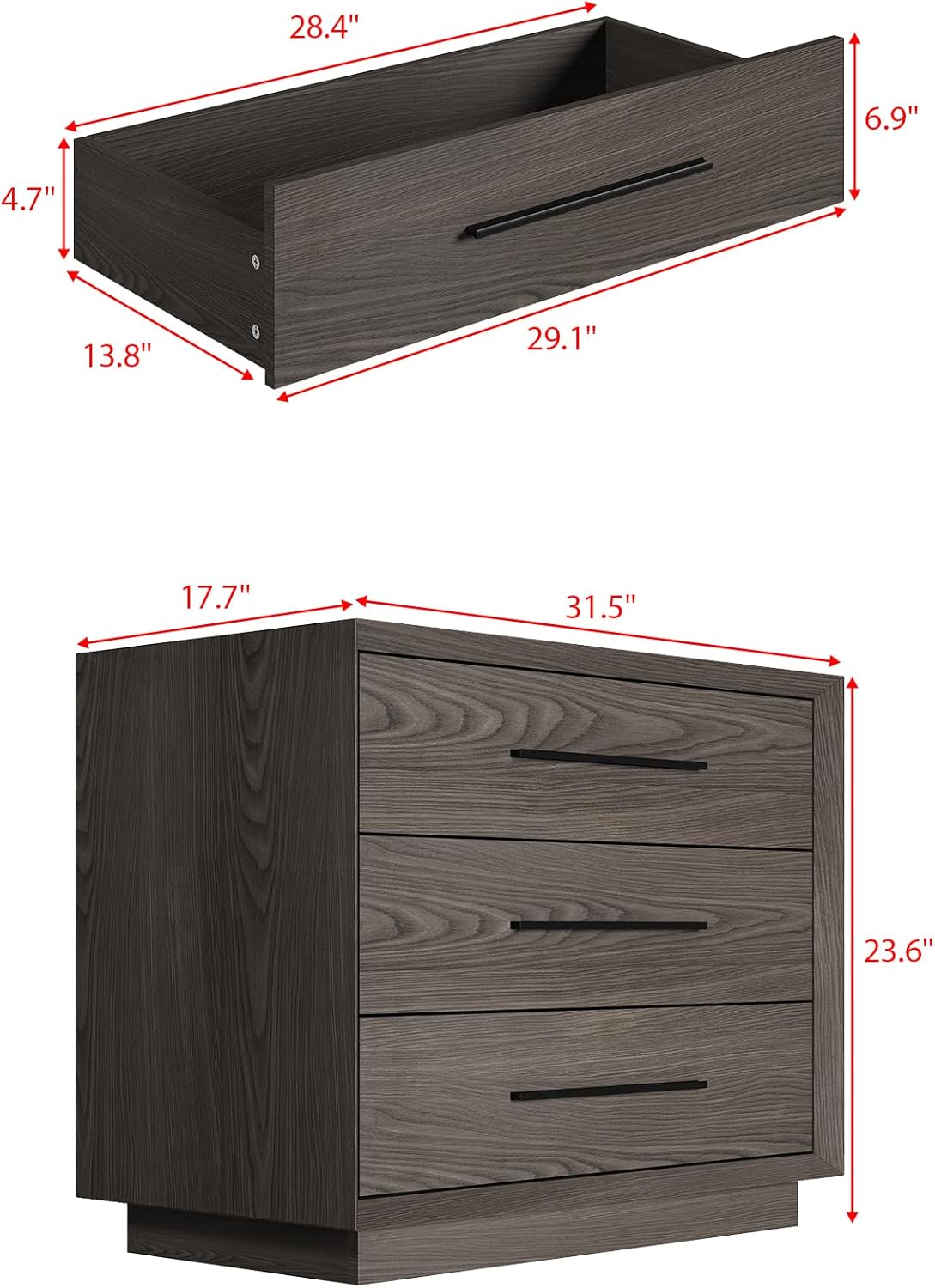 Bedside Table with 3 Drawers, Modern Side Table, Small Nightstand, Wooden Bed Side Tables, Wood Grain Floor Storage Organizer with Metal Handles for Sofa Couch Bedroom, Dark Brown