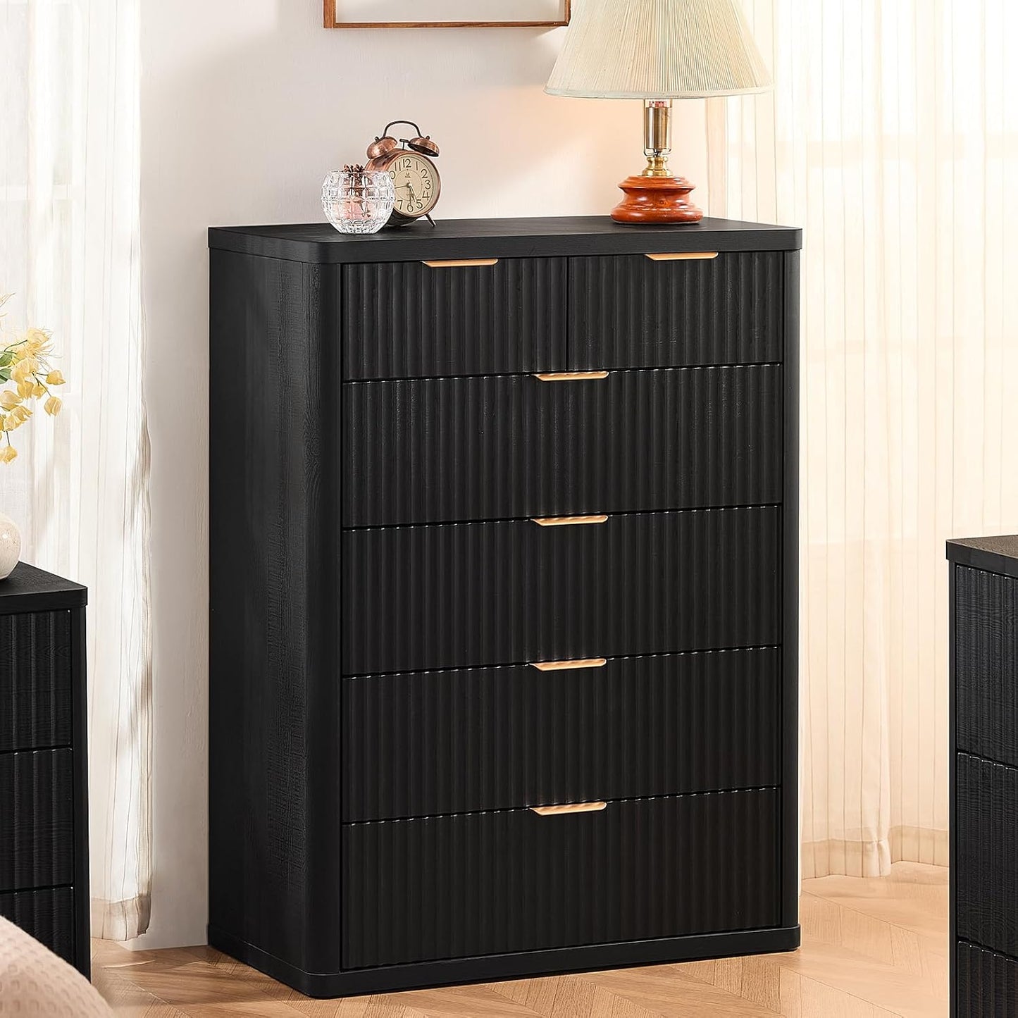 LEYAOYAO Fluted 6 Drawers Dresser for Bedroom Set of 2, 42" Tall Modern Chest of Drawers with Metal Handle, Curved Profile Design,Black Wood Drawer Organizer for Bedroom, Living Room, Hallway