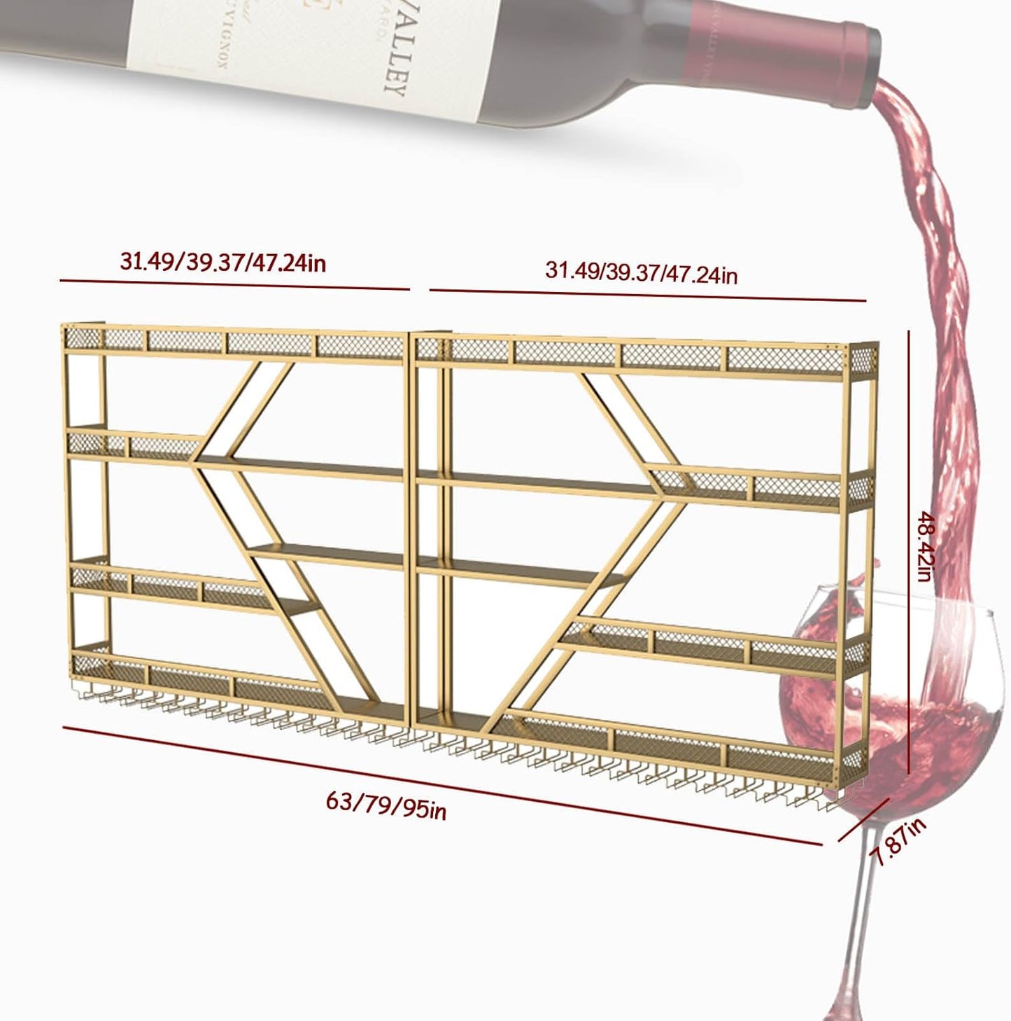 95in Large Wall Mounted Wine Rack 4 Tier Metal Wine Bottle Holder Modern Diamond Design Floating Bar Liquor Bottles Storage Rack for Home Restaurant Bar Decorative(Gold, 4 Tier - 95in)