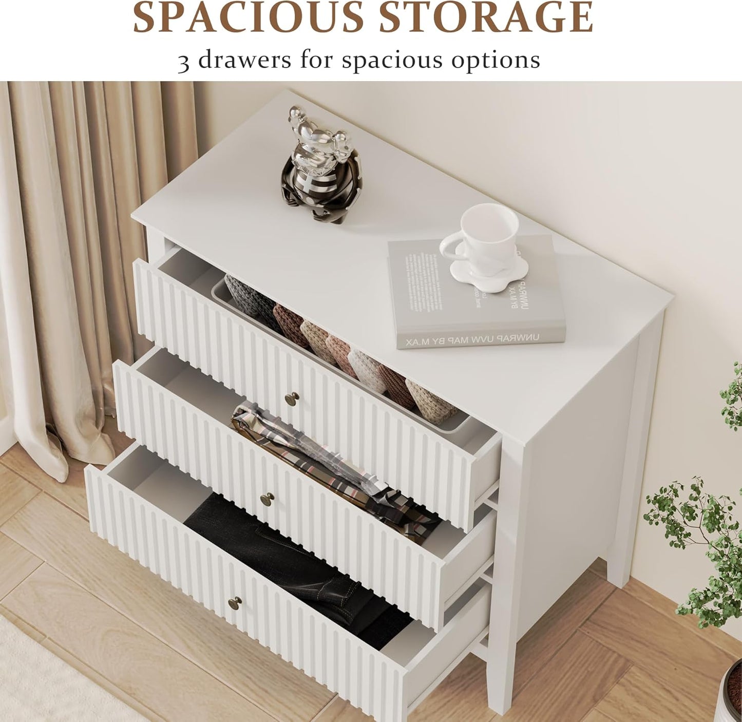RoyalCraft White Fluted 3 Drawer Dresser, 32 inch Wide Dresser Nightstand for Bedroom, Modern Wood Chest of Drawers, Large Painted Nightstand with 3 Drawers for Closet, Hallway, Entryway