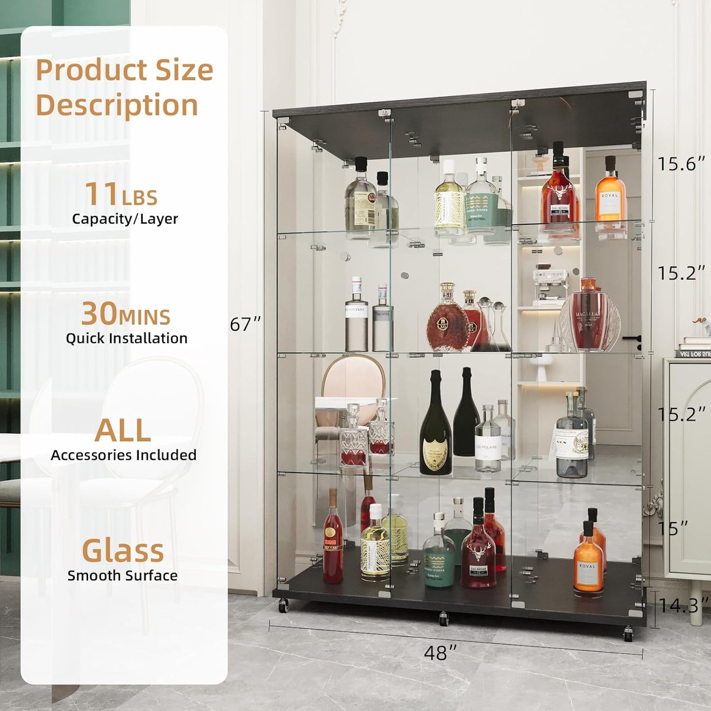 Beauty4U Glass Display Cabinet with Mirror Back Panel, 12 Shelves with 3 Columns, 2 Doors Curio Cabinets for Living Room, Bedroom, Office, Black Floor Standing Glass Bookshelf, Quick Installation
