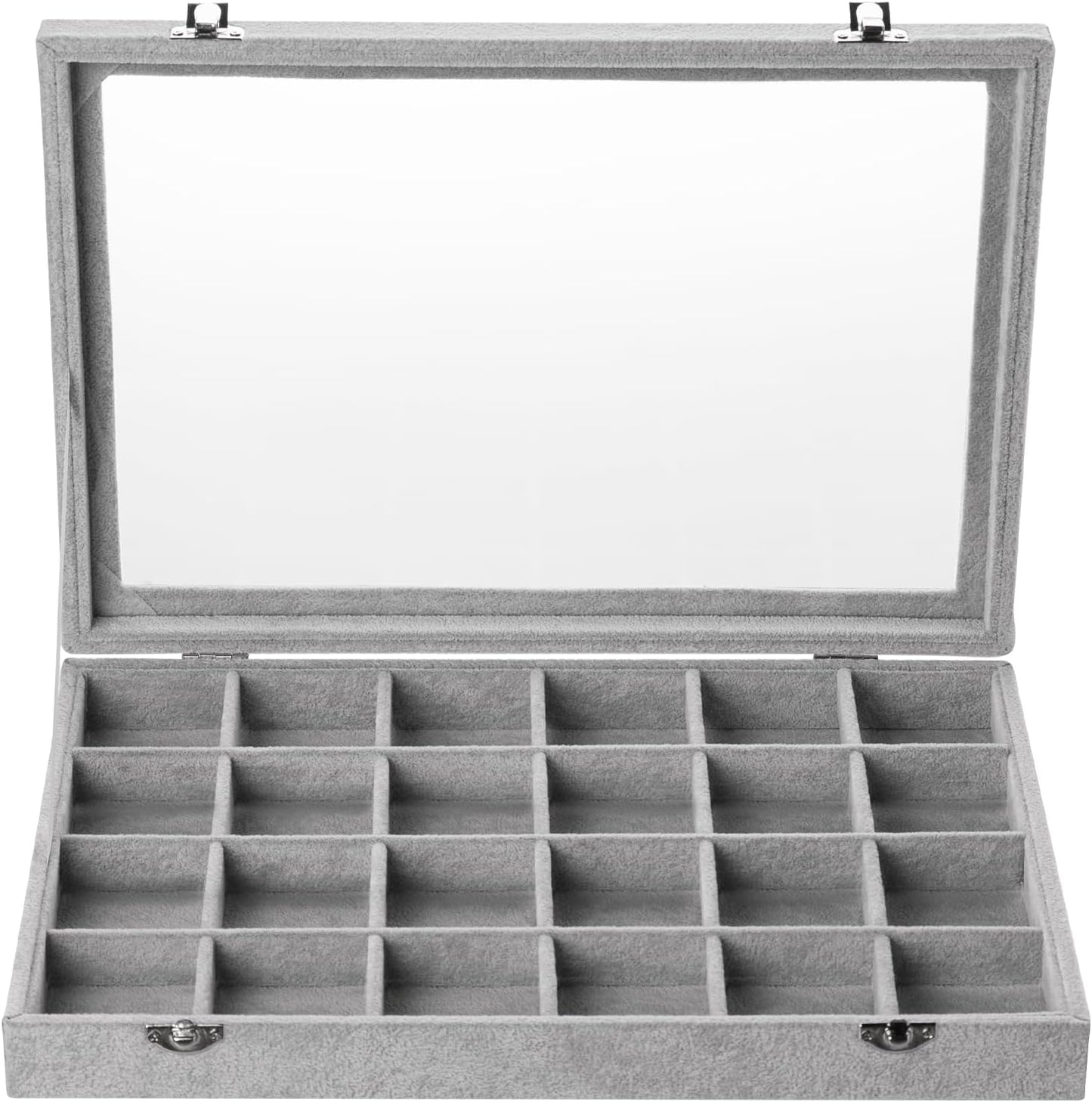 Frebeauty Velvet Jewelry Tray,24 Grid Jewelry Organizer with Clear Lid,Earring Holder Organizer with Clasp,Drawer Insert Rings Pendants Brooches,13.8 x 9.5 x 2 Inches,Gift for Women Girls(Grey)
