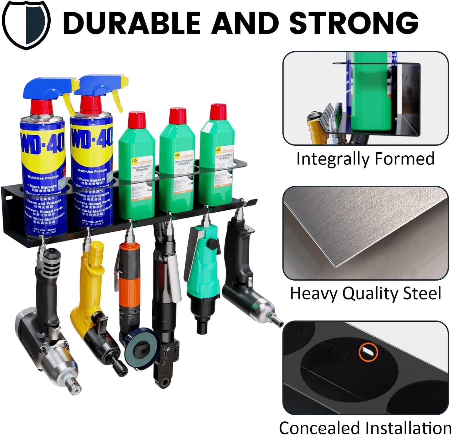 UNITEDPOWER Pneumatic Tool Holder/Aerosol Rack Combo, Wall Mounted Spray Can Bottle Holder, Air tool organizer, for Garage and Workspace, 5 Cans and 6 slots
