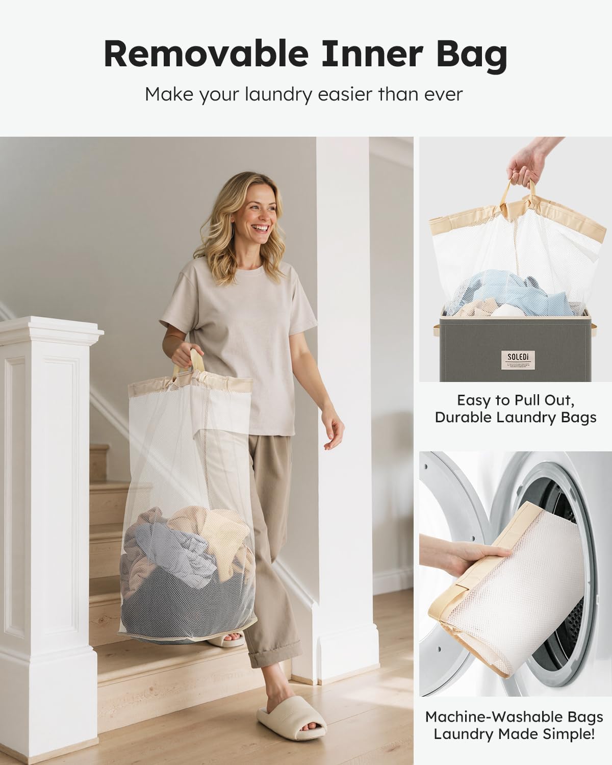SOLEDI Laundry Hamper with Lid 100L Large & Tall Collapsible Laundry Basket, Clothes Hamper with Bag Removable Easy to Carry, Dirty Hampers for Bedroom, Bathroom, Dorm, College, Cement