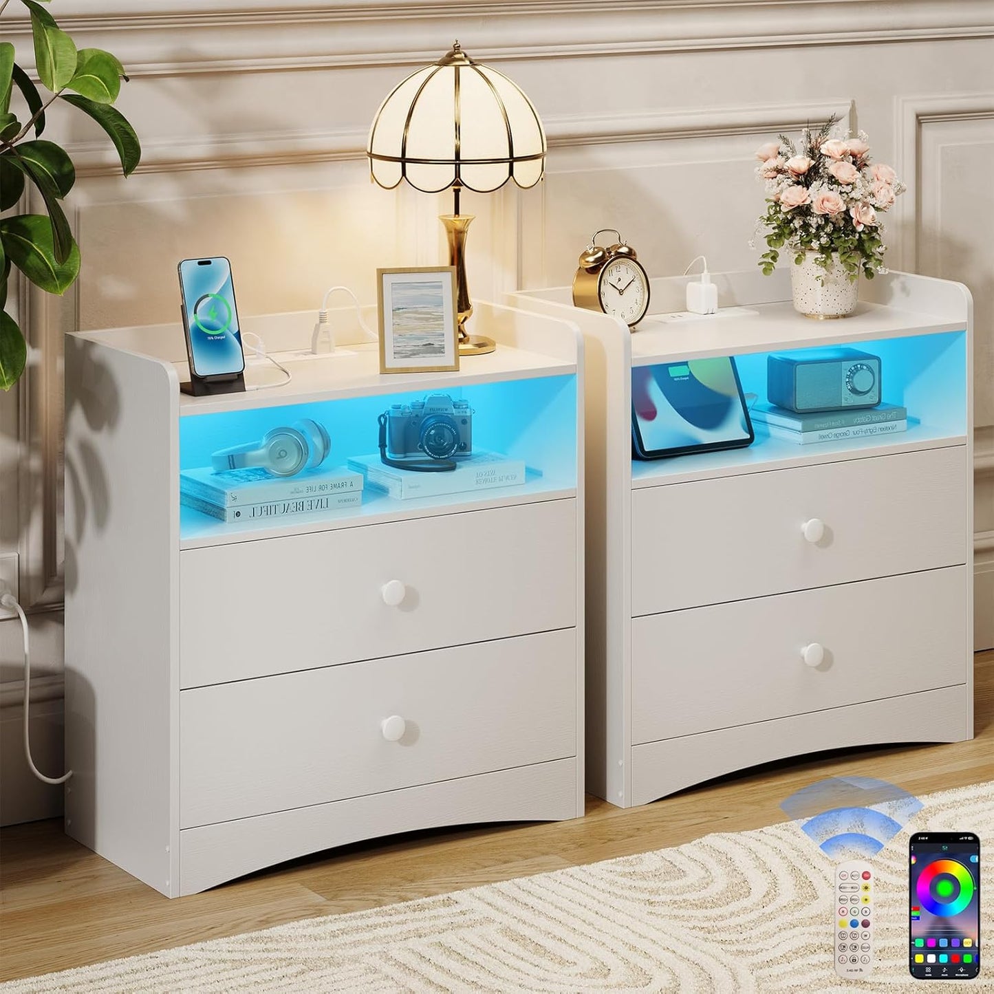 2 Pack Nightstand with Charging Station and LED Light, Modern Nightstand with USB Ports and Outlets, Wood Bedside Table with 2 Storage Drawers, Small Dresser for Bedroom Small Space, White