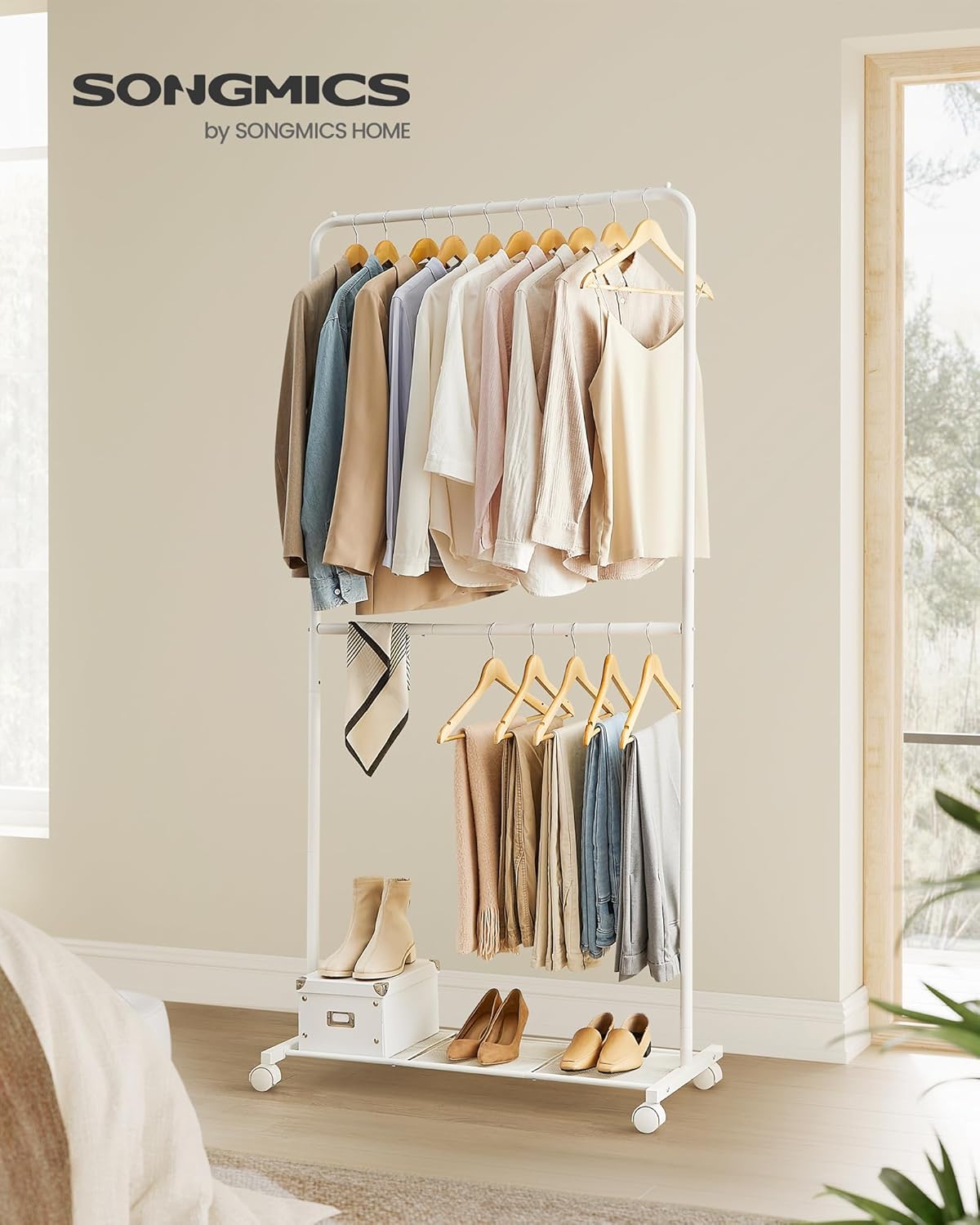 SONGMICS Clothes Rack with Wheels, Double-Rod Clothing Rack for Hanging Clothes, 25.4mm Metal Garment Rack with Dense Mesh Storage Shelf, 110 lb Load Capacity, 2 Brakes, White UHSR027W01