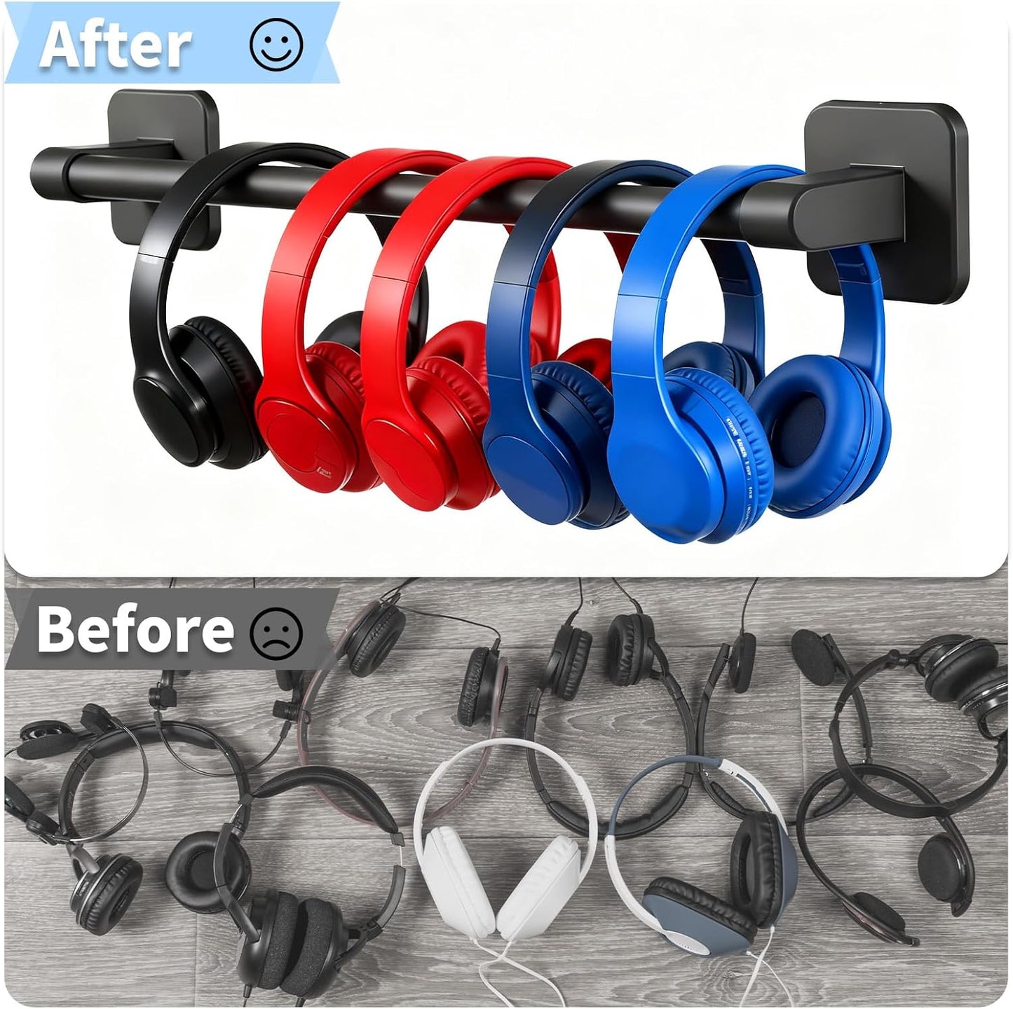 Classroom Wall Mounted Headphone Storage Rod, 2 Headphone Storage Rods with 4 Adhesive Hooks for Placing School Headphones