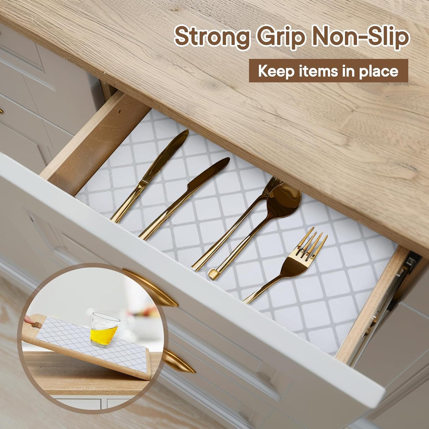 Shelf and Drawer Liner for Kitchen Cabinets Non-Adhesive, Strong Grip Non-Slip Thickened Cabinet Liners for Shelves, Waterproof Mats for Dresser Cupboard, Silver Stripe, 24 in x 10 Feet