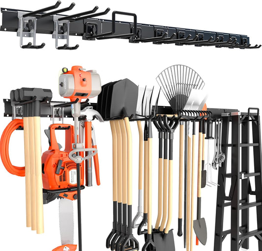 64 Inches Garage Storage, Garage Organization, Wall Mount Garden Tool Organizer, Max 620lbs Adjustable Metal Hooks, Yard Shed Rack, Tool Holder for Hanging Rake Broom Mop Snowboard