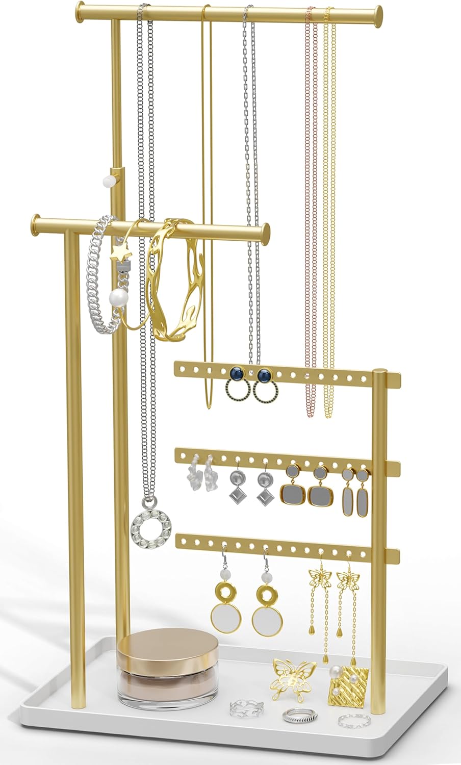 Jewelry Holder Organizer Stand - Adjustable Tall 17.5" (Max), Sturdy Jewelry Hanger for Necklaces, Earrings, Bracelets, Rings, Jewlery Display and Storage, Gold and White, Metal