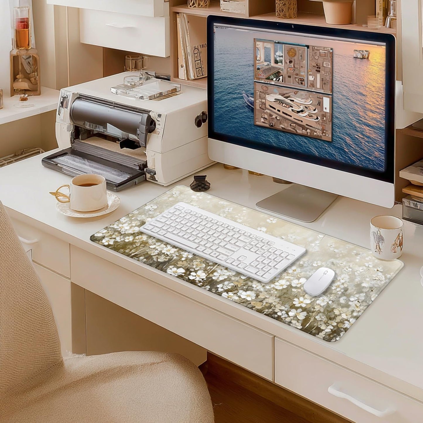 Vintage Watercolor Floral Large Mouse Pad 31.5x15.7inch, Retro Cottagecore Flower Large Extended Computer Desk Mat Mousepad for Keyboard and Mouse, Floral Desk Accessories