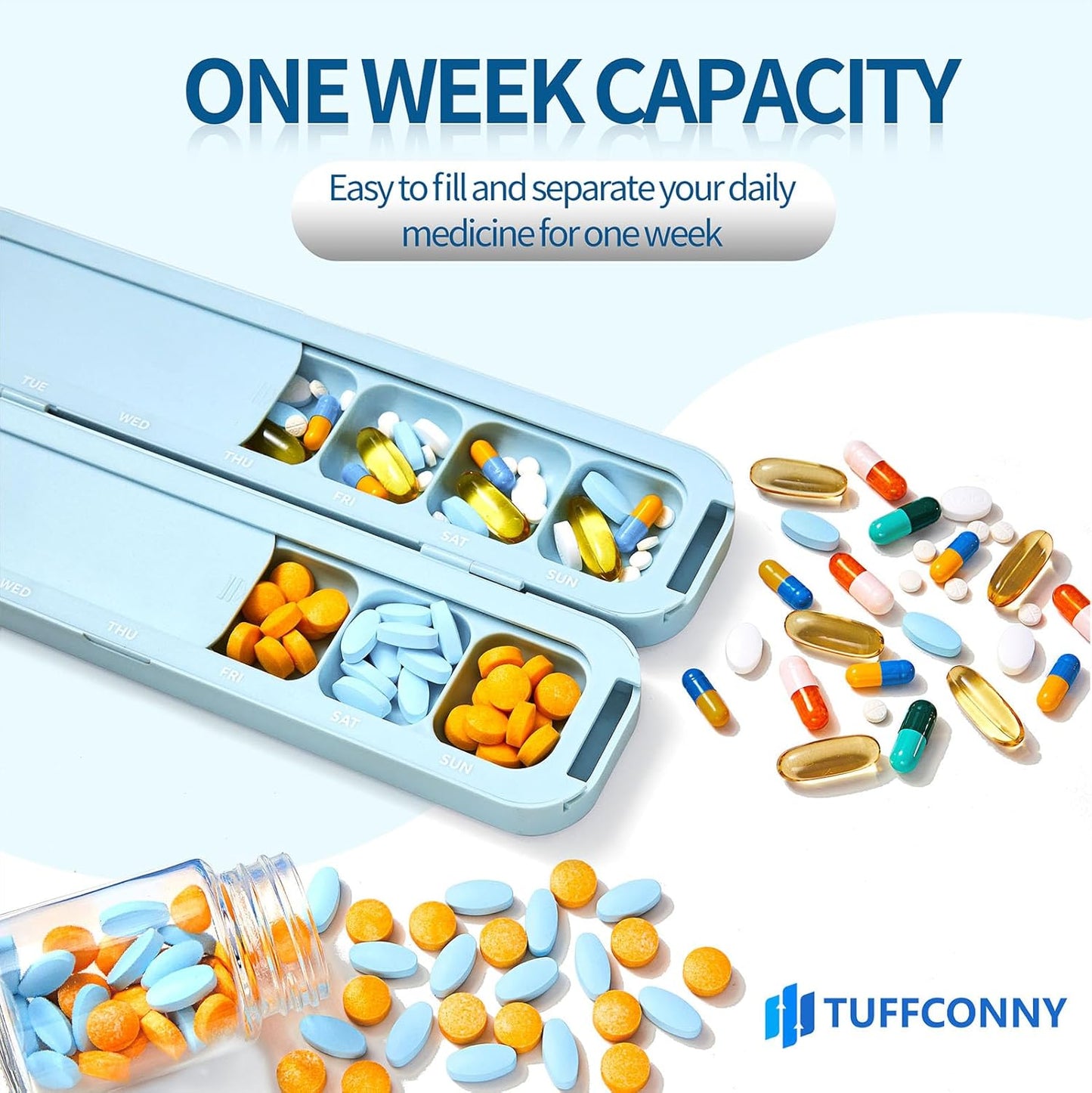 Weekly Pill Organizer - Travel Medicine Organizer, Pill Boxes and Organizer 2 Times a Day, 7 Day Pretty Pill Case, Pill Holder for Vitamins, Medicines and Tablets (Pastel Blue)