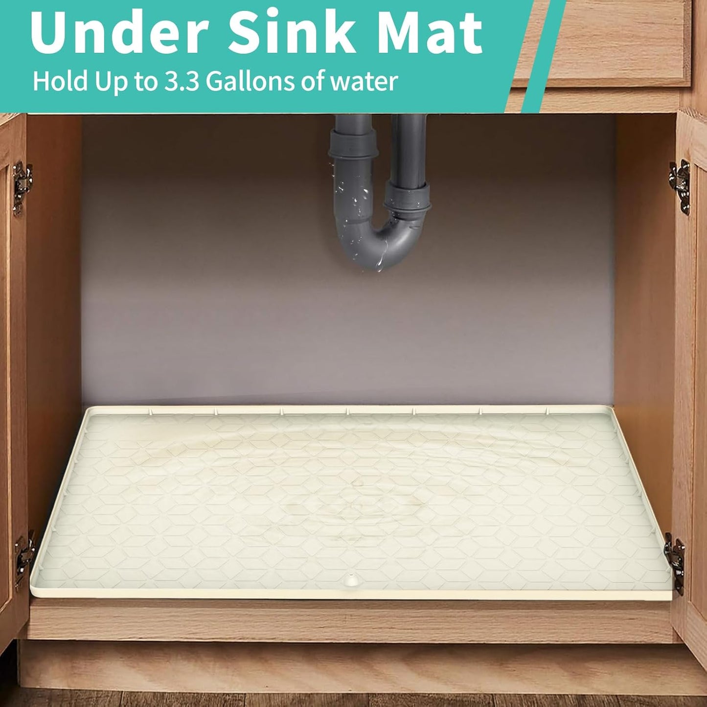 Under Sink Mat, 19"x22" Under Sink Mats for Kitchen, Silicone Waterproof Under Sink Liner, Sink Cabinet Organizer Tray with Drain Hole (Beige, 19X22)