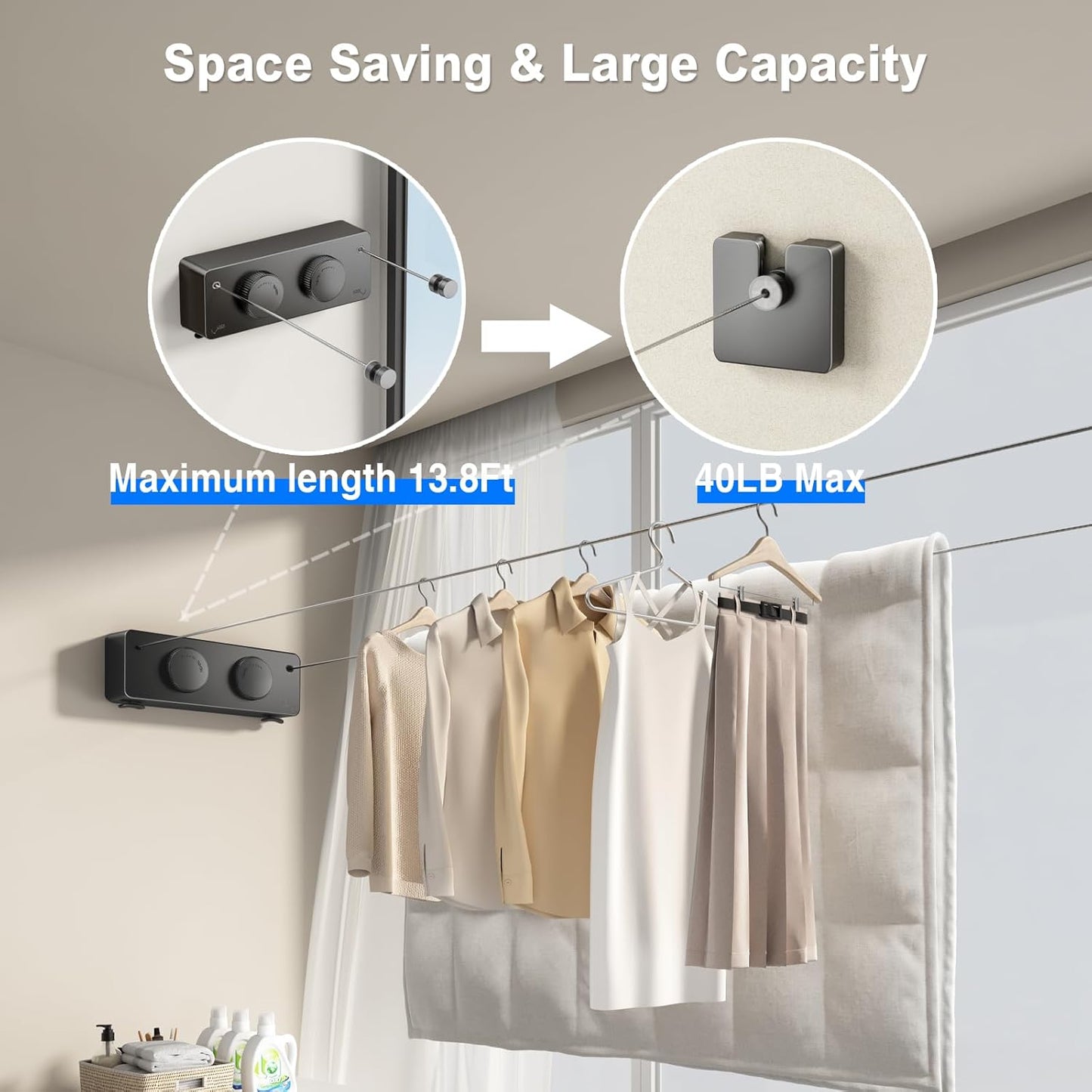 Retractable Clothesline Indoor, Non-Sagging Twin Clothes Line Retracting Outdoor Heavy Duty Clothes Drying Laundry Line Wall Mounted Stainless Steel Double Line-13.8 ft(Black)