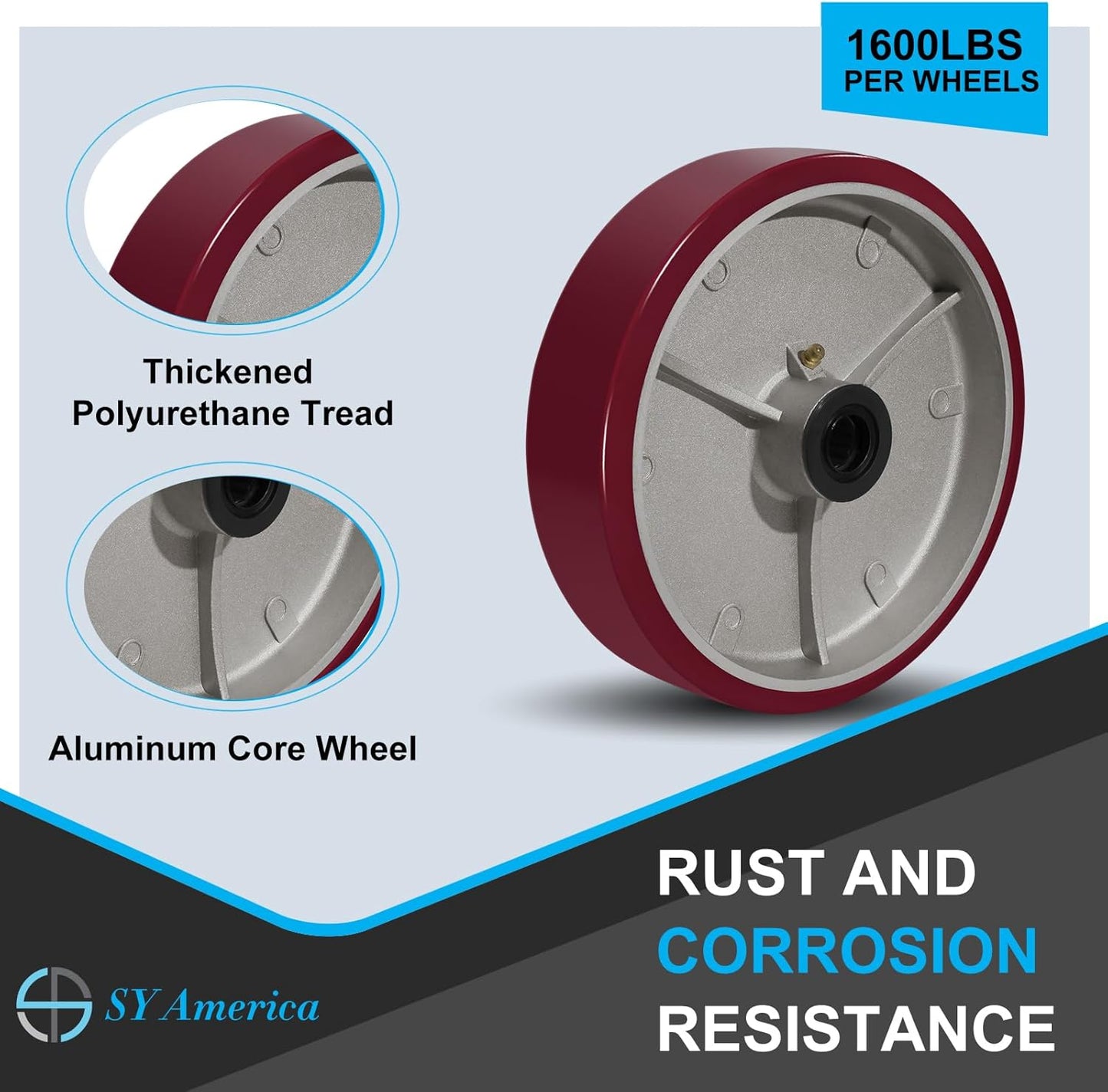 SY America 8" X 2" Casters Wheels,Heavy Duty Industrial Casters，Polyurethane on Aluminum Wheels,1 Rigid Casters,1600 LBS Load Capacity