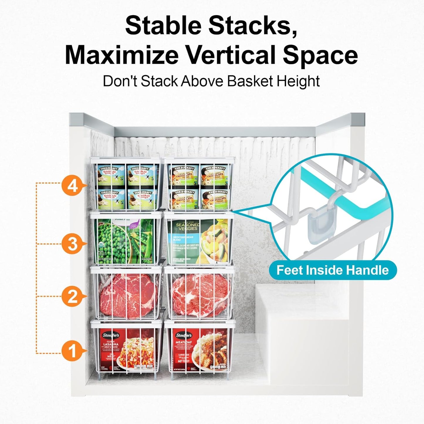 iSPECLE Deep Freezer Organizer Bins - 4 Pack Stackable Small Freezer Organizer Bins for 5 to 7 Cu.FT Small Chest Freezer Sort Frozen Food Easy to Get Food from Bottom without Digging in Freezer, White