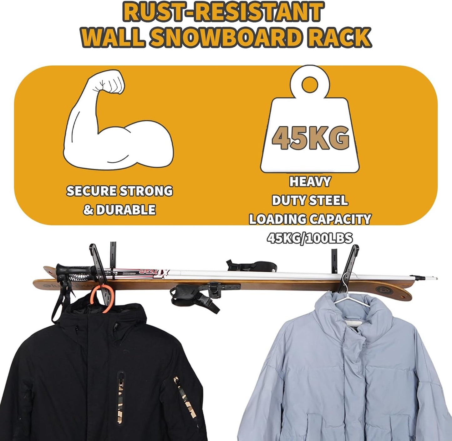 Snowboard Wall Racks, Adjustable Storage Rack for Ski, Surfboard, Wakeboard, Snowboard Wall Mount Display, White/Black