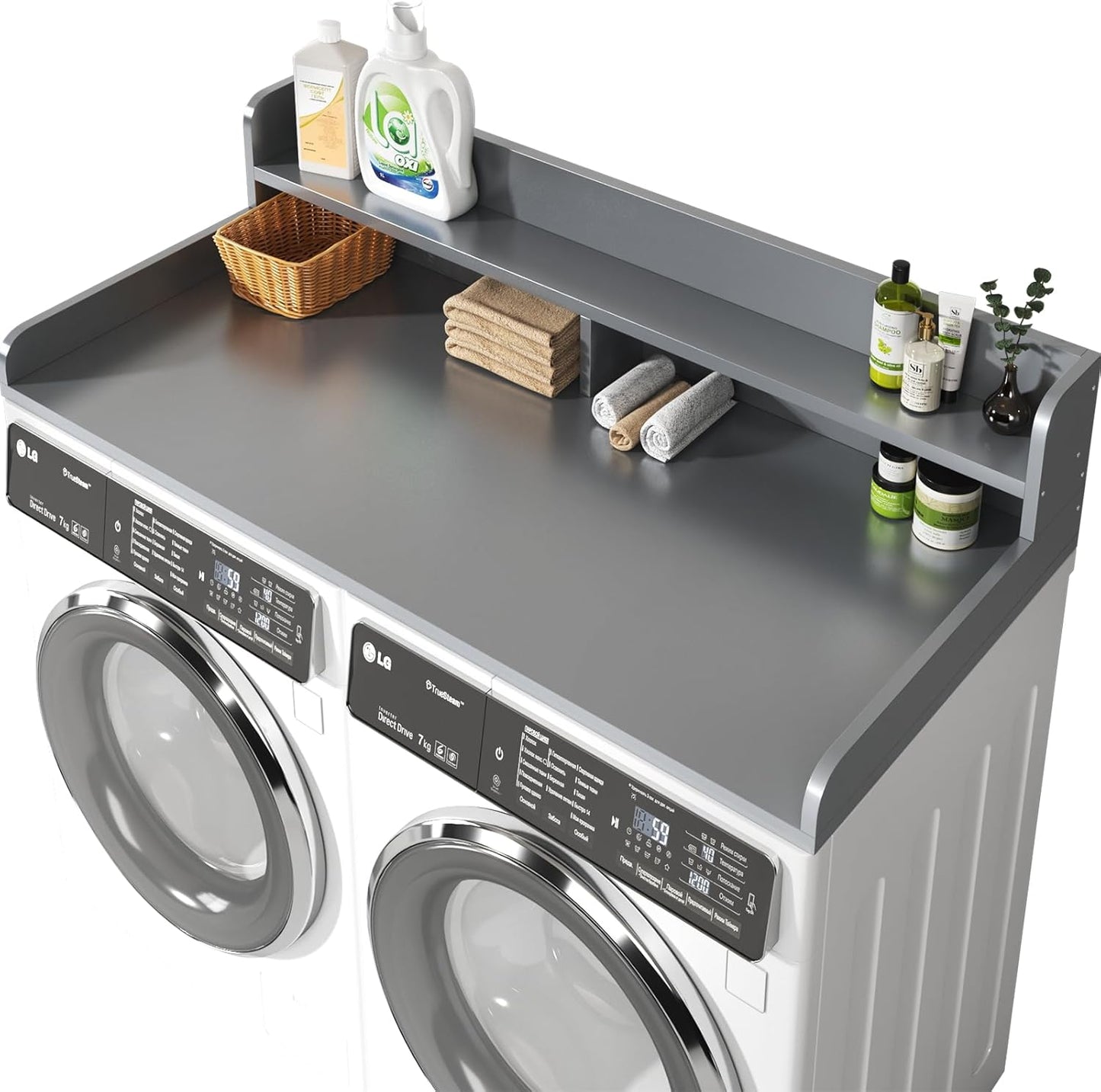 2-Tier Washer and Dryer Countertop with 2.75" H Guard,54" W x 27.5" D Laundry Countertop Cover with Non-Slip Pad,Large Space Laundry Topper for Folding Clothes Over Washer and Dryer-Gray