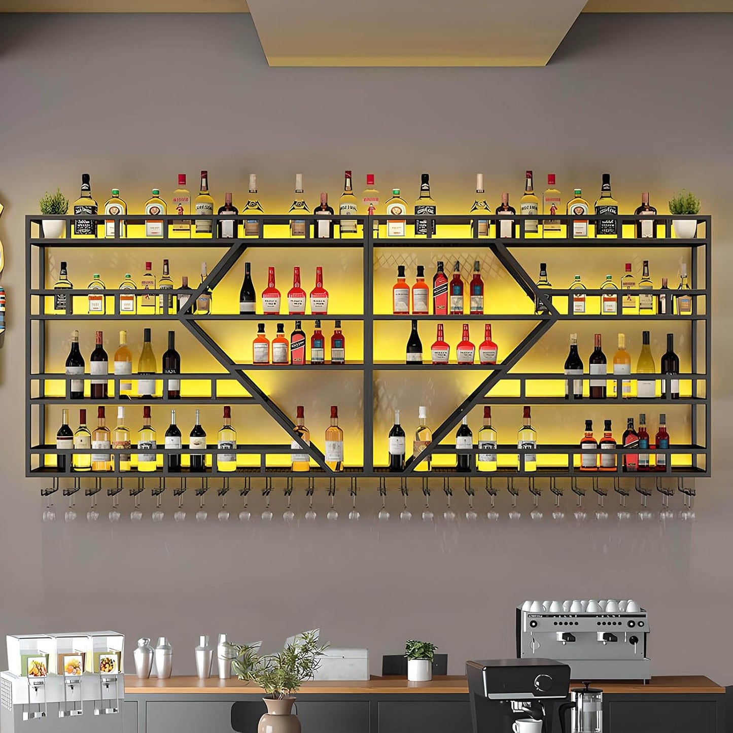 79in Large Wall Mounted Wine Rack 4 Tier Metal Wine Bottle Holder Modern Diamond Design Floating Bar Liquor Bottles Storage Rack for Home Restaurant Bar Decorative (Black, 4 Tier - 79in)