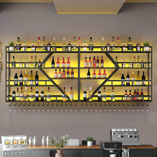 79in Large Wall Mounted Wine Rack 4 Tier Metal Wine Bottle Holder Modern Diamond Design Floating Bar Liquor Bottles Storage Rack for Home Restaurant Bar Decorative (Black, 4 Tier - 79in)