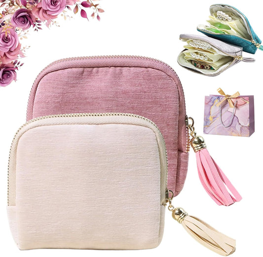 Travel Jewelry Case, Portable Jewelry Storage Bag, Compact Foldable Five Compartments Organizer Pouch with Zipper & Tassel for Earring Necklace Ring Bracelet (2pcs-E)
