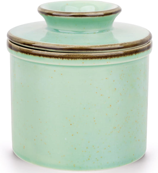 French Butter Dish, Butter Crock for Counter with Water Line, Ceramic Butter Keeper for Spreadable Butter - Chrismas Home Kitchen Decor - Reactive Glaze Collection - Green
