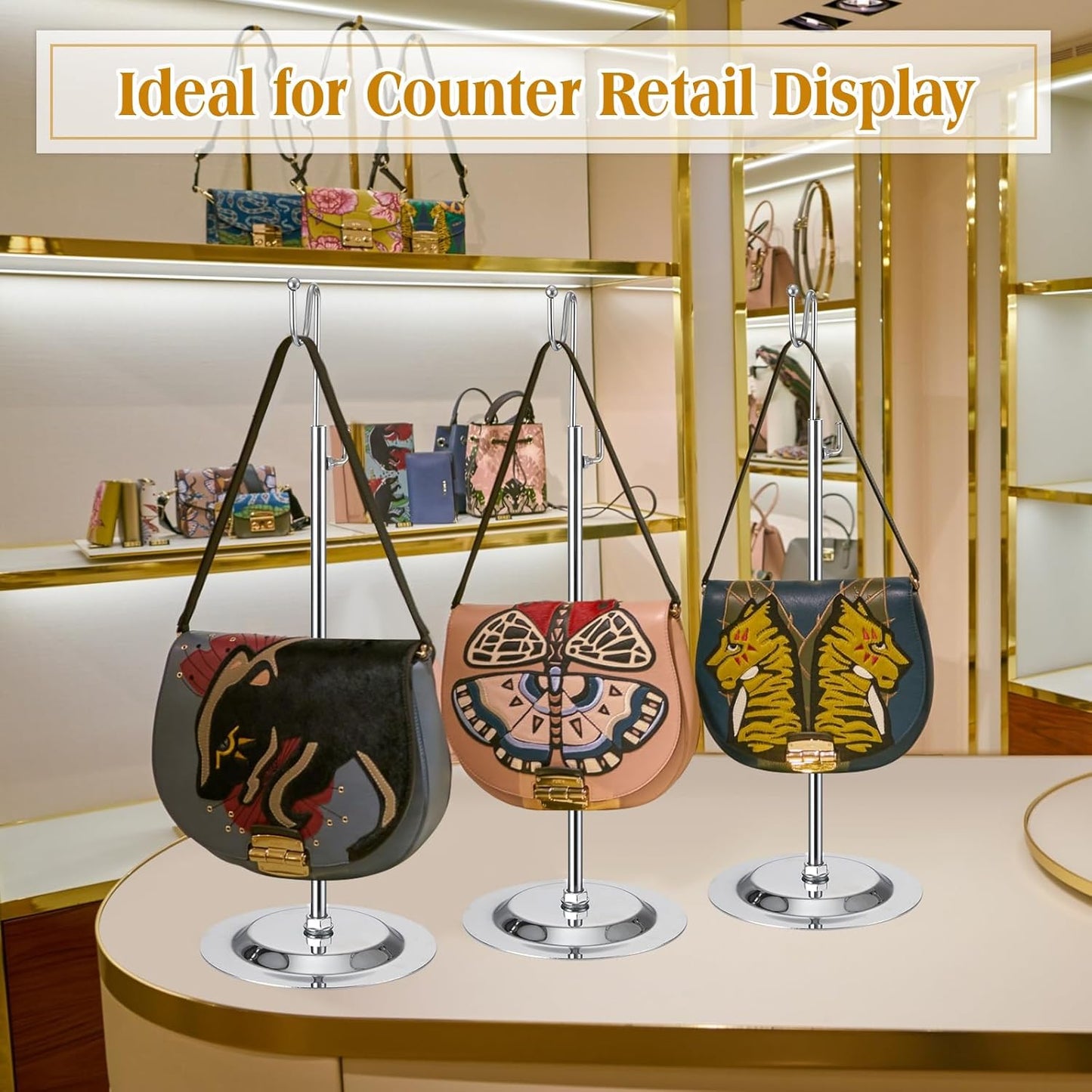 Therwen 6 Pcs Bag Display Stands Purse Display Stand Adjustable Height Handbag Holder for Home Boutique Store Counter Retail(Silver)