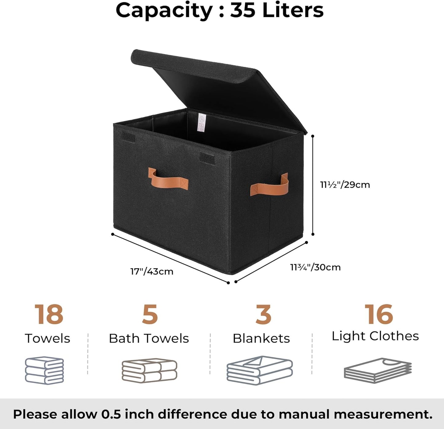 GRANNY SAYS Black Storage Bins with Lids, Decorative Storage Boxes with PU Handles, Linen Closet Organizer, Storage Baskets for Shelves, Fabric Storage Bins for Clothes, Extra Large
