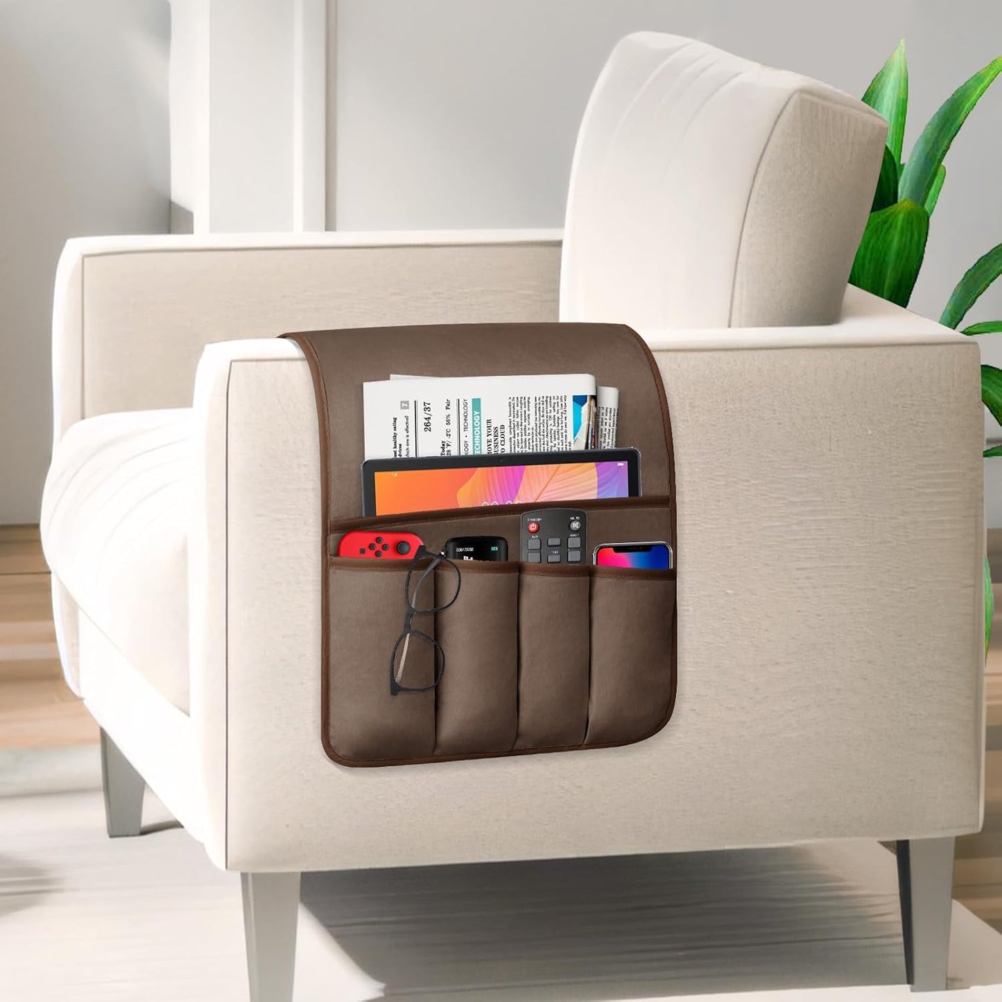 Remote Control Holder for Armchair, Couch Caddy Organizer TV Remote Holder for Bed Storage 5 Pockets, Remote Caddy Bedside Organizer Bedside Table Organizer (Brown, 35"x12.4")