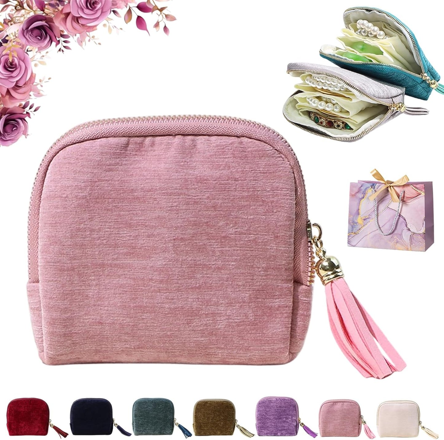 Travel Jewelry Case, Portable Jewelry Storage Bag, Compact Foldable Five Compartments Organizer Pouch with Zipper & Tassel for Earring Necklace Ring Bracelet (Pink)