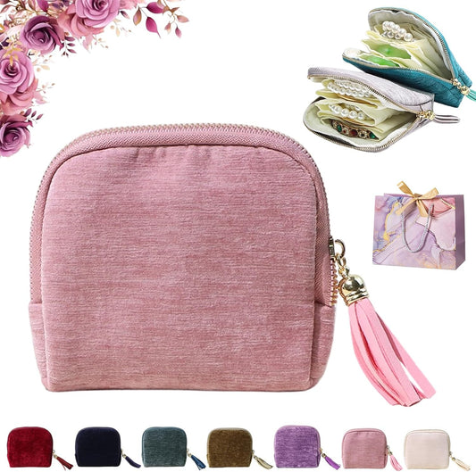 Travel Jewelry Case, Portable Jewelry Storage Bag, Compact Foldable Five Compartments Organizer Pouch with Zipper & Tassel for Earring Necklace Ring Bracelet (Pink)
