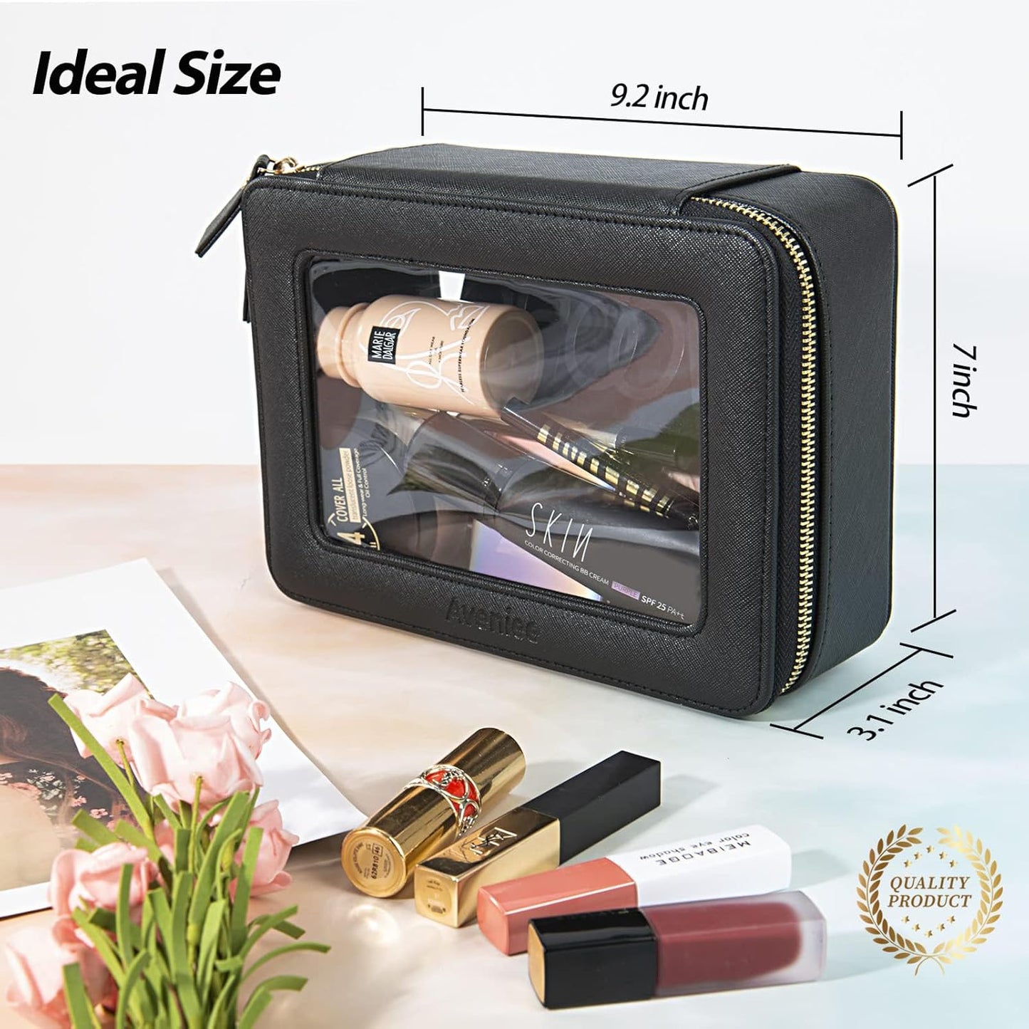 Aveniee Clear Makeup Bag Organizer,Large Travel Toiletry Bag for Women, Waterproof Cosmetic Pouch with Zippers,Car Organizers and Storage Case for Accessories,Black