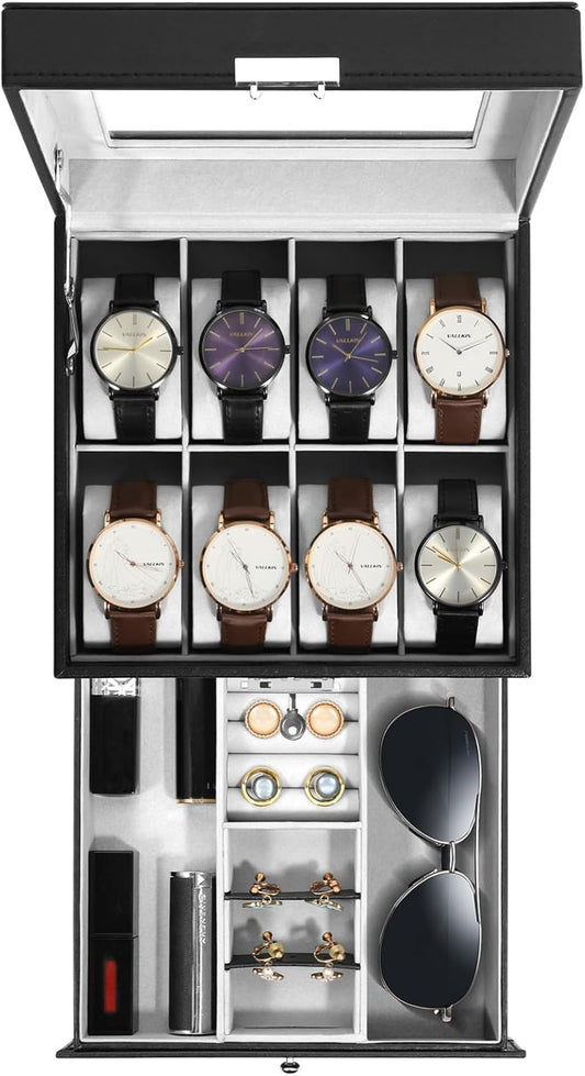 Uten 8-Slot Watch Box, 2-Layers PU Leather Watch Case with Glass Lid, Watch Holder Organizer with Soft Pillow and Velvet Lining, Watch and Jewelry Storage Box