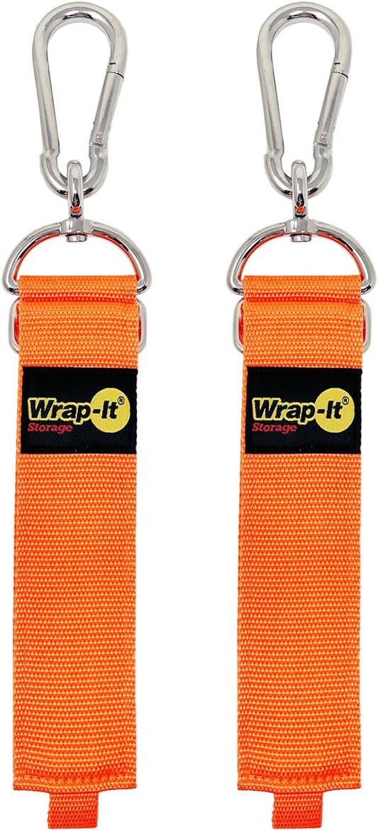 Hook 'n Hang Wrap-It Storage Straps - 24" Blaze Orange - Carabiner Straps for Cord or Garden Hose Storage (2-Pack)