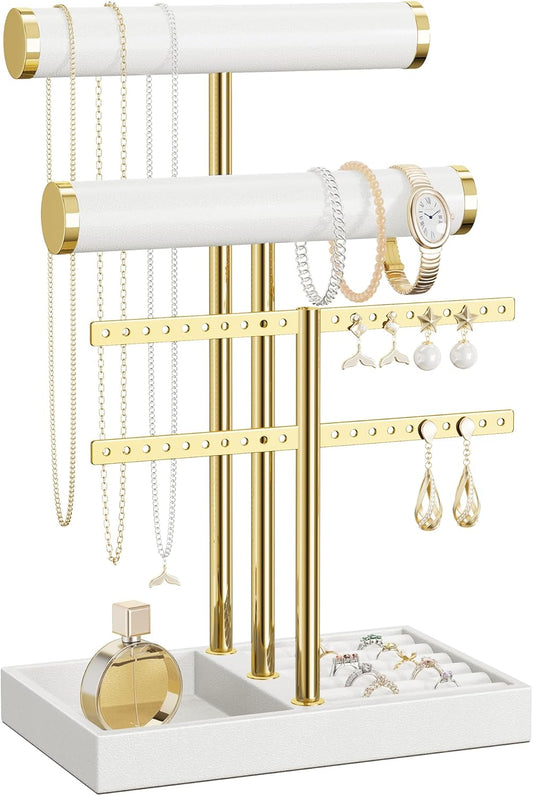 3 Tier Bracelet Holder Display - White Leather Bracelet Holder, Detachable T Bar Jewelry Holder Organizer for Bracelet, Necklace, Earrings, Rings, Watches, Bangle