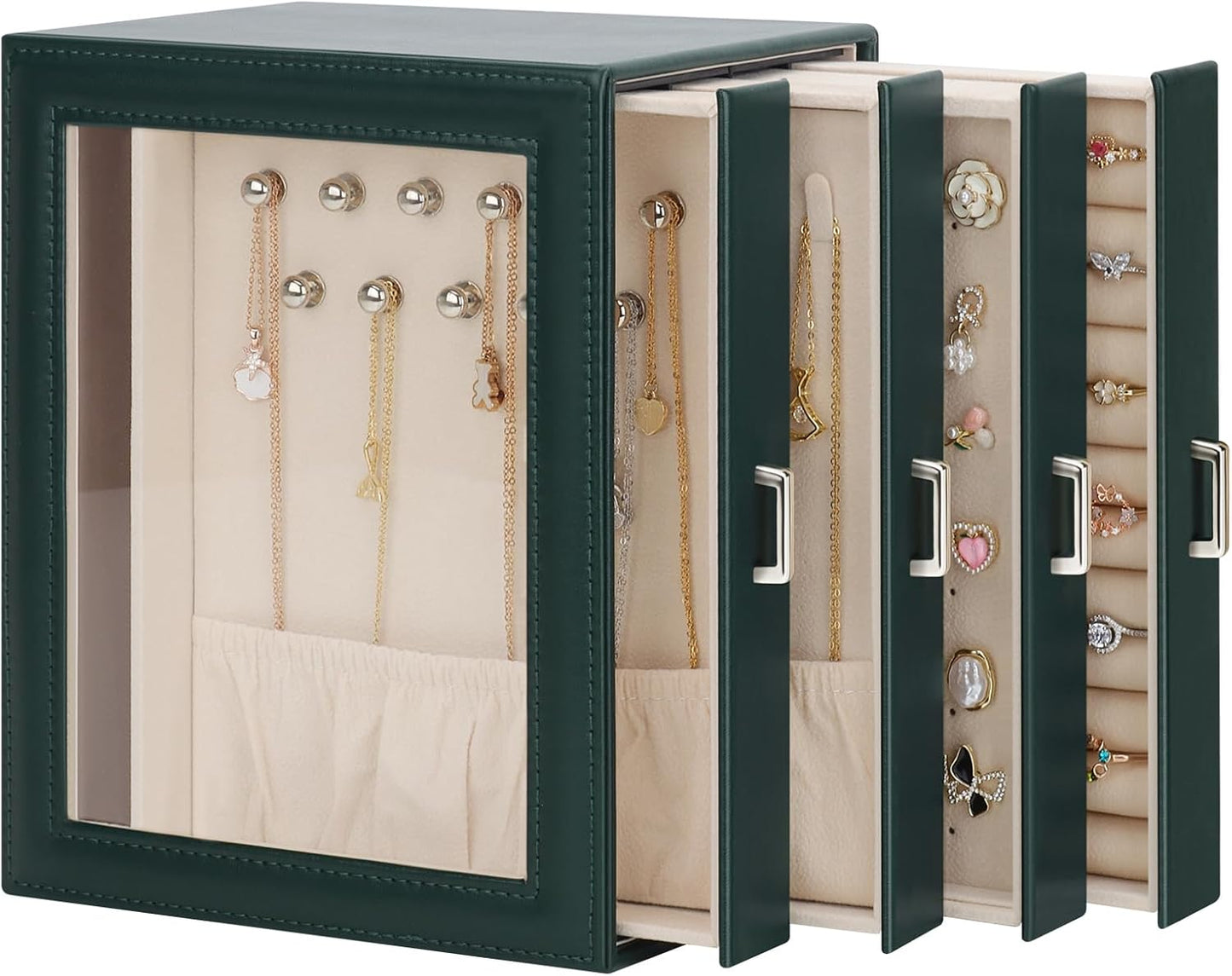 DesignSter Jewelry Box Organizer, Jewelry Box for Women, PU Jewelry Organizer Display Case with Side Drawers, Jewelry Storage for Earring Necklace Ring Bracelet Watch