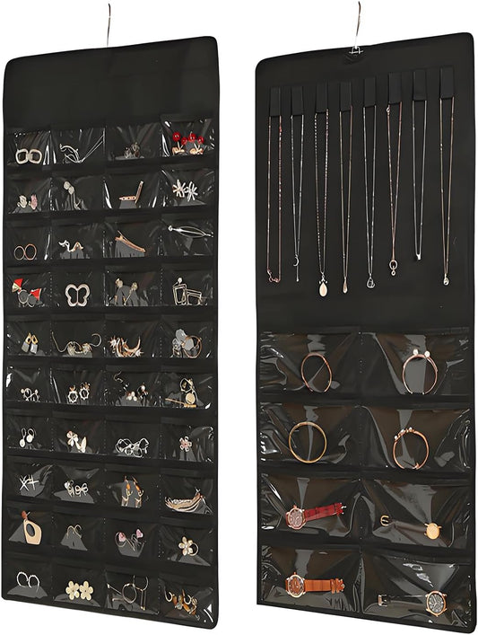48 Pockets Hanging Jewelry Organizer with Necklace Straps, Double-Sided Black Closet Jewelry Holder for Space-Saving Storage of Earrings, Bracelets & Necklaces