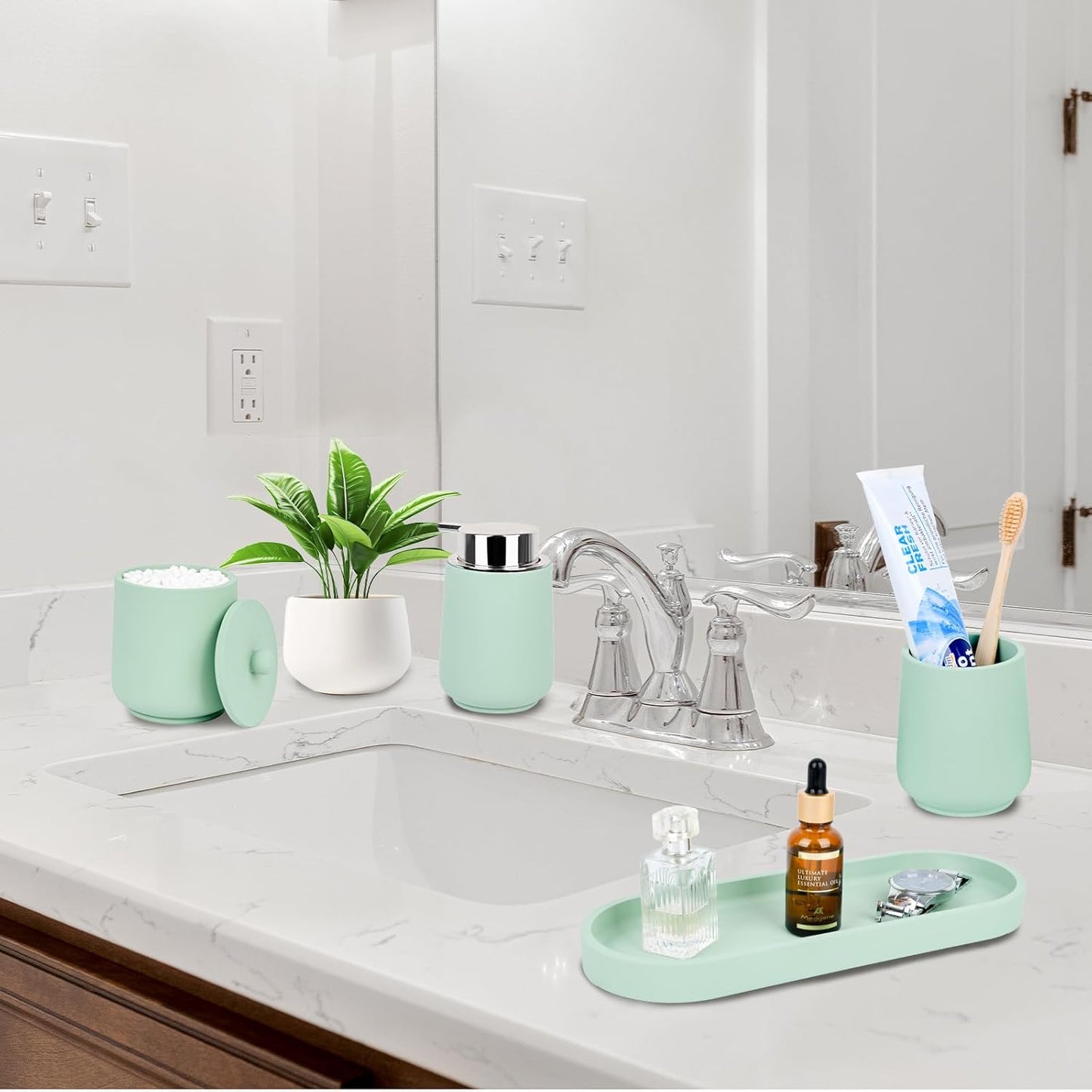 Green Bathroom Accessories Set - 4 Pcs Bathroom Accessory Set with Toothbrush Holder,Lotion Soap Dispenser,Qtip Holder Dispensr & Vanity Tray,Bathroom Countertop Vanity Oganizer - Green