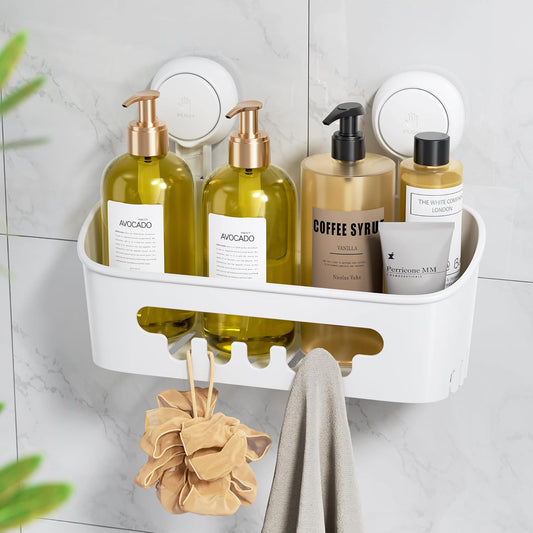 LEVERLOC Shower Caddy Suction Cup, Shower Organizer Removable Bathroom Shelf, Storage Suction Powerful Max Hold 22lbs Bathroom Caddy Waterproof Holder, White
