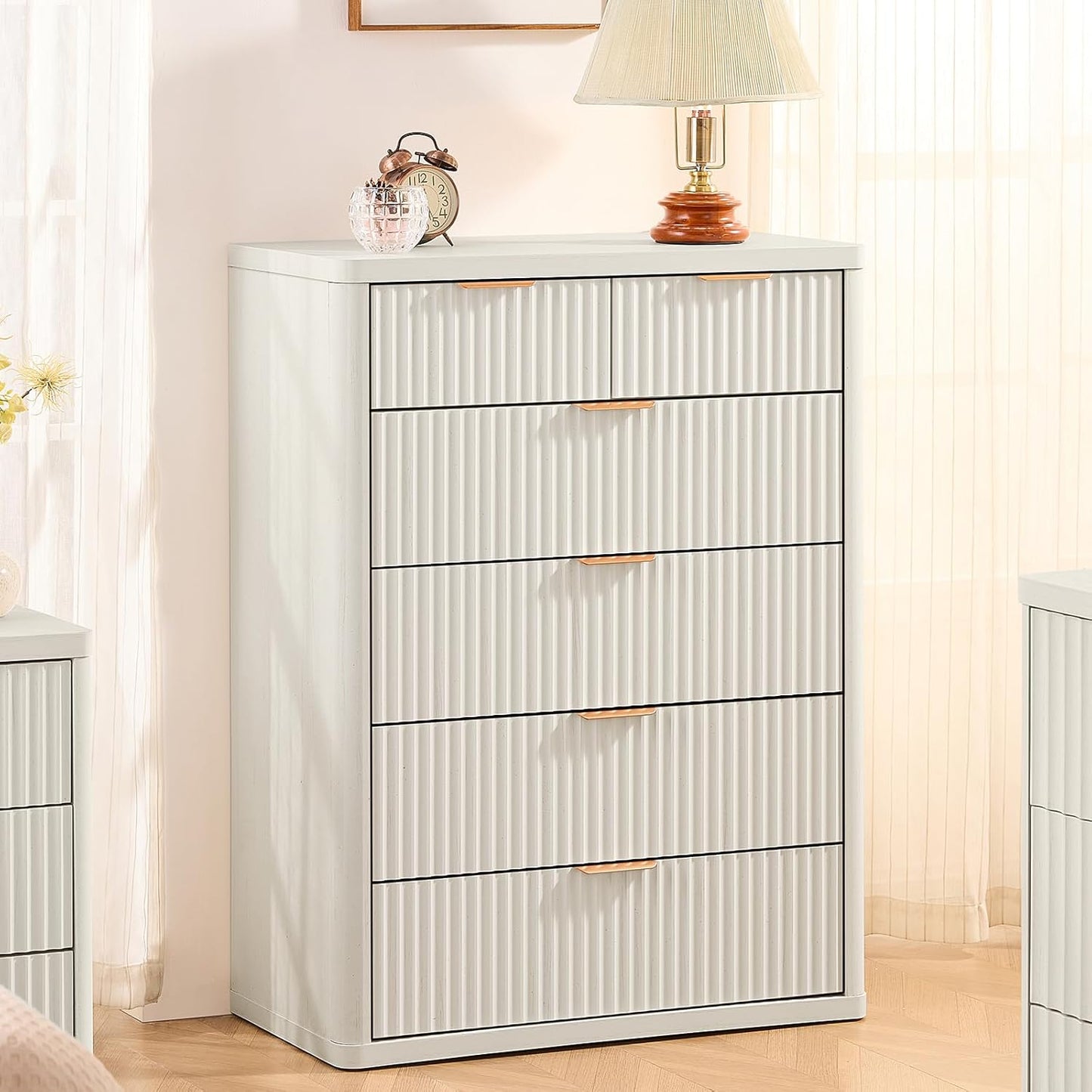 LEYAOYAO Fluted 6 Drawers Dresser for Bedroom Set of 2, 42" Tall Modern Chest of Drawers with Metal Handle, Curved Profile Design,White Wood Drawer Organizer for Bedroom, Living Room, Hallway