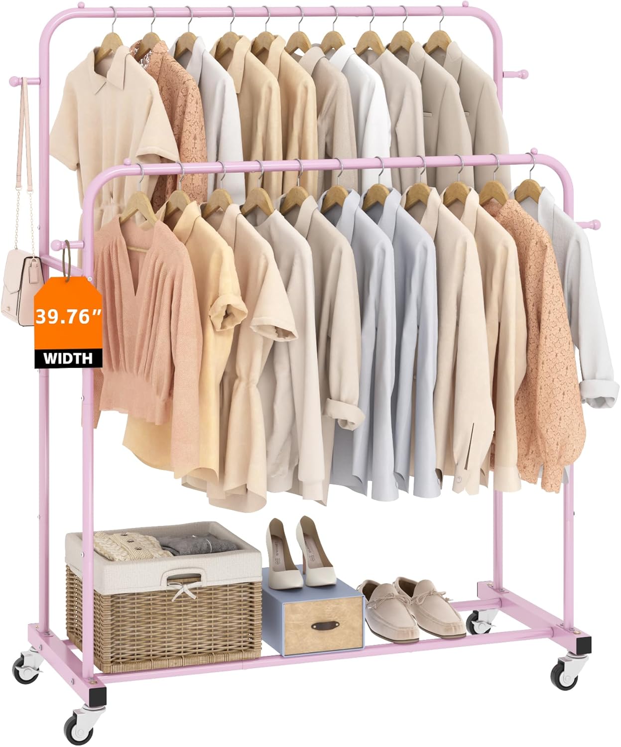 Laiensia Double Rods Garment Rack with Wheels, Clothing Rack for Hanging Clothes,4 Hooks, Multi-Functional Bedroom Clothes Rack, Pink