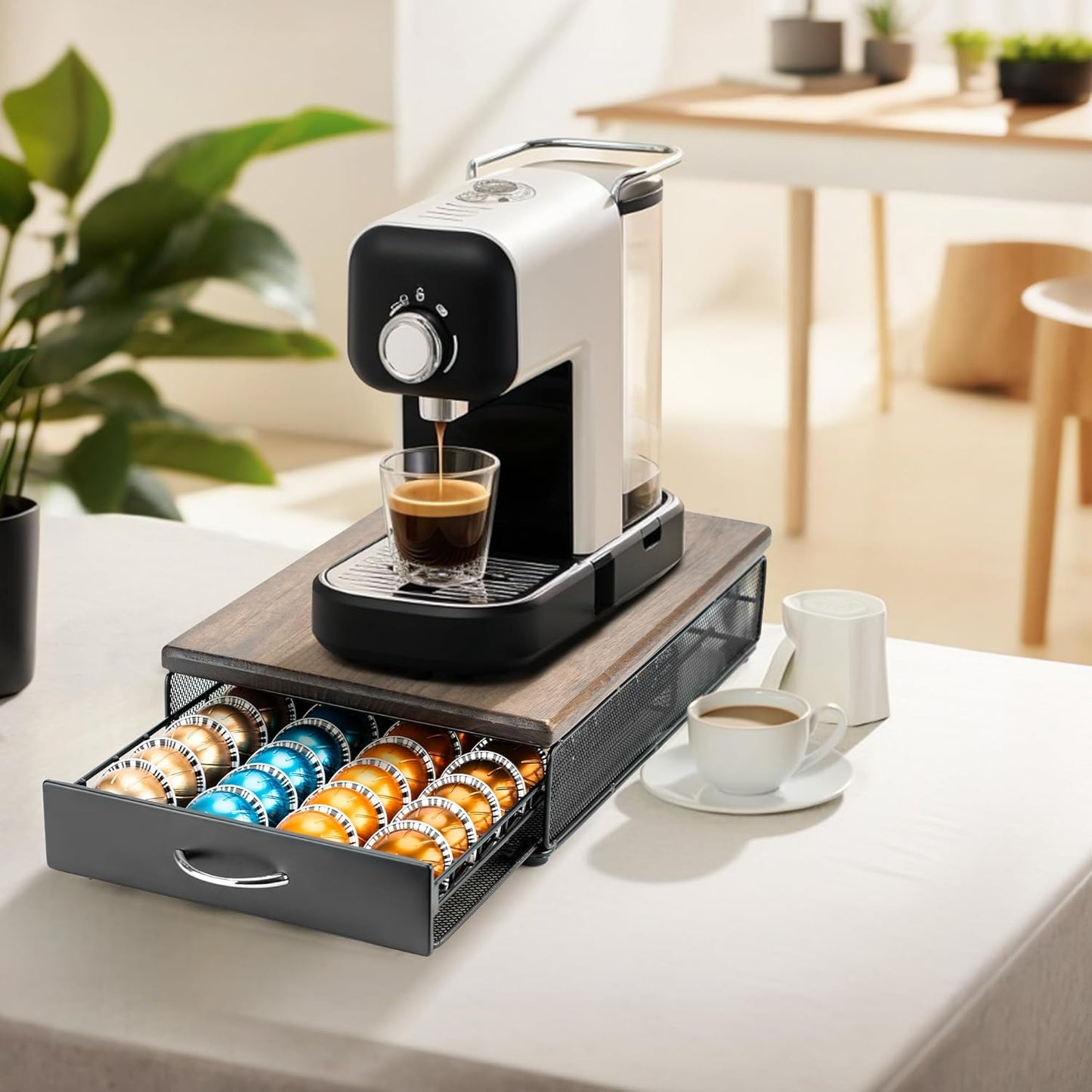 for Vertuo Coffee Capsule Storage Drawer Compatible with Nespresso Vertuoline Pods Holder Metal and Wood Top Organizer (can hold 40 Pods)