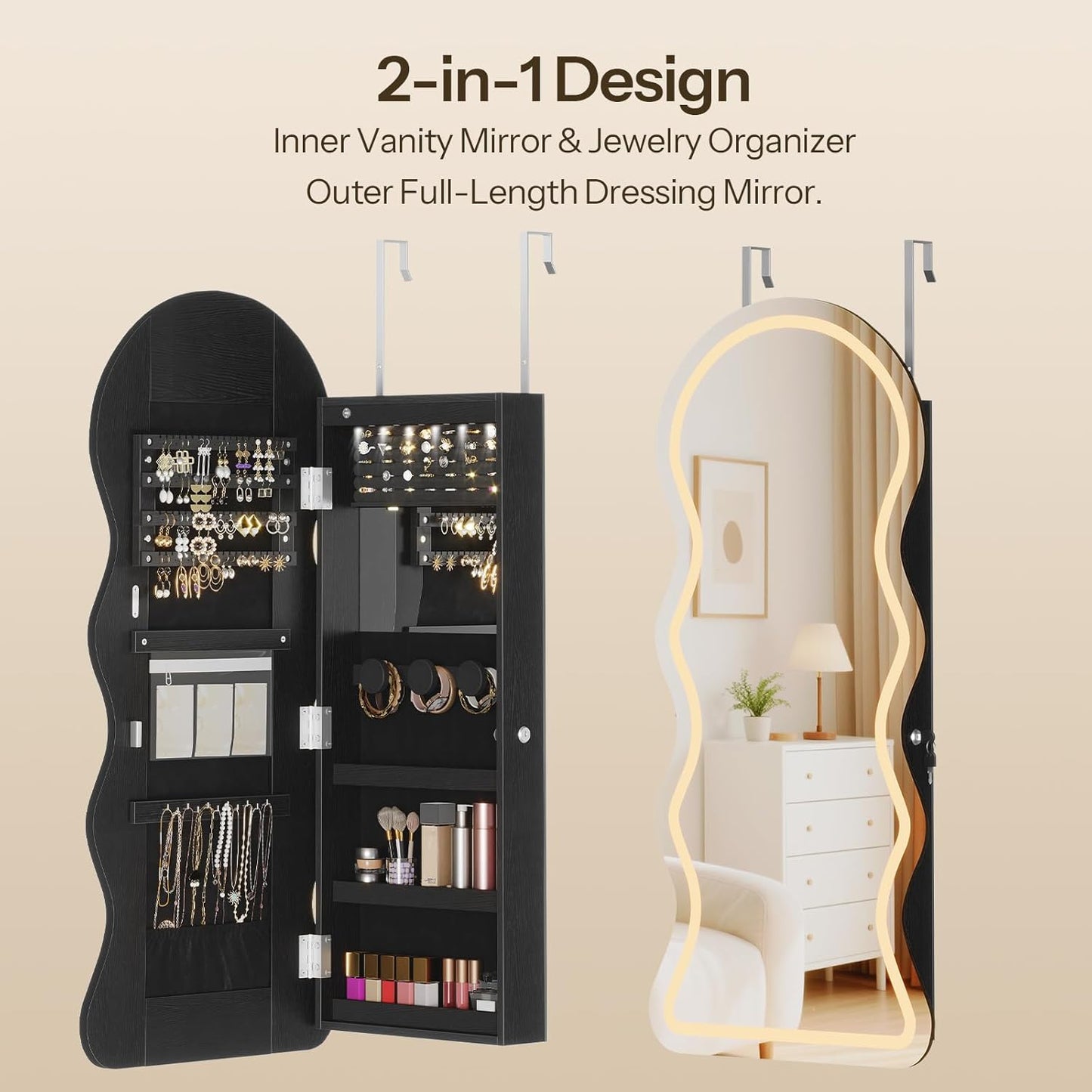 HOOBRO LED Mirror Jewelry Cabinet, Wall/Door Mounted Jewelry Organizer, Jewelry Aromire with Wavy Mirror Full Length, Lockable Cosmetics Storage Cabinet, Interior Mirror, 16.5" x 4.1" x 43.3", Black