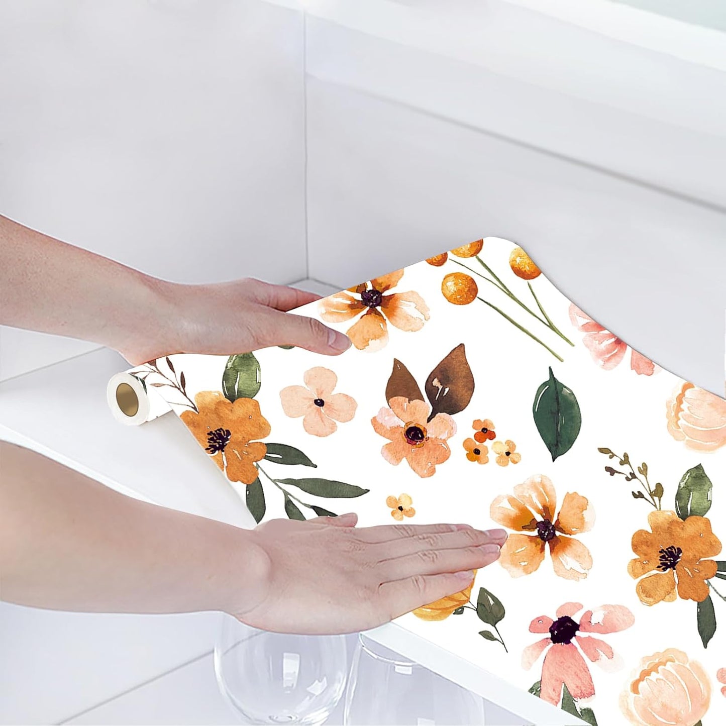 HAOKHOME Shelf Liner and Cabinet Liner Floral, Self-Adhesive Drawer Liners, Peel and Stick Contact Paper for Kitchen Cabinets and Cupboard, Non Slip Bathroom Drawers, White 17.3in x 6.5ft