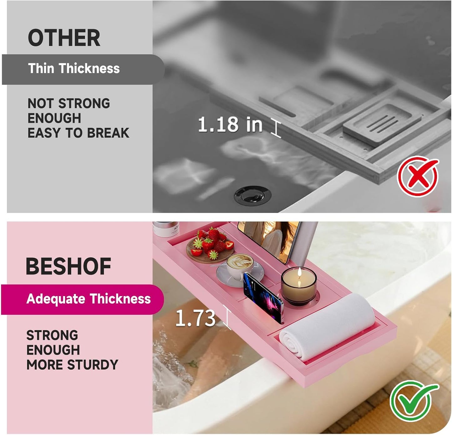 Foldable Bathtub Caddy Tray, Bamboo Bath Tub Tray Table for Tub with Wine Glass Holder Book Phone Tablet Holder with Extending Sides, Adjustable Bathroom Bathtub Free Soap Holder Gift Idea (Pink)